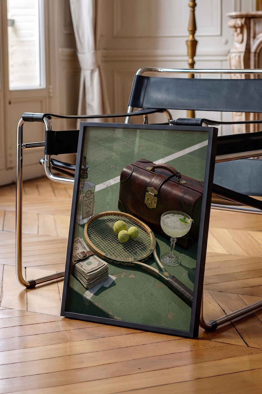 Tenis Raketi, Kokteyl ve Deri Çanta Old Money Poster – Siyah Çerçeveli Tablo