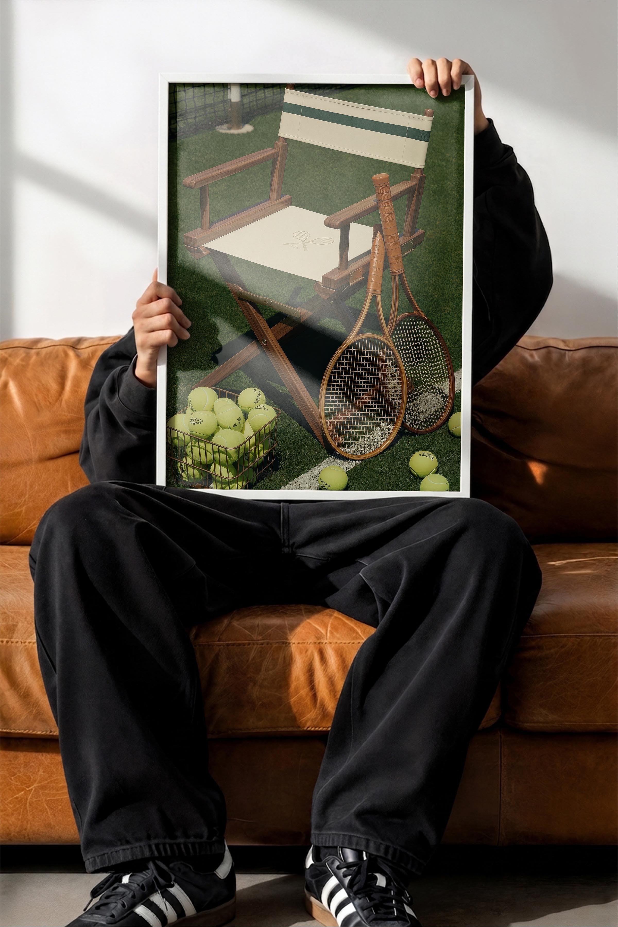 Tenis Raketi ve Sandalye Posteri, Beyaz Çerçeveli Poster, Old Money Serisi, NO:113125