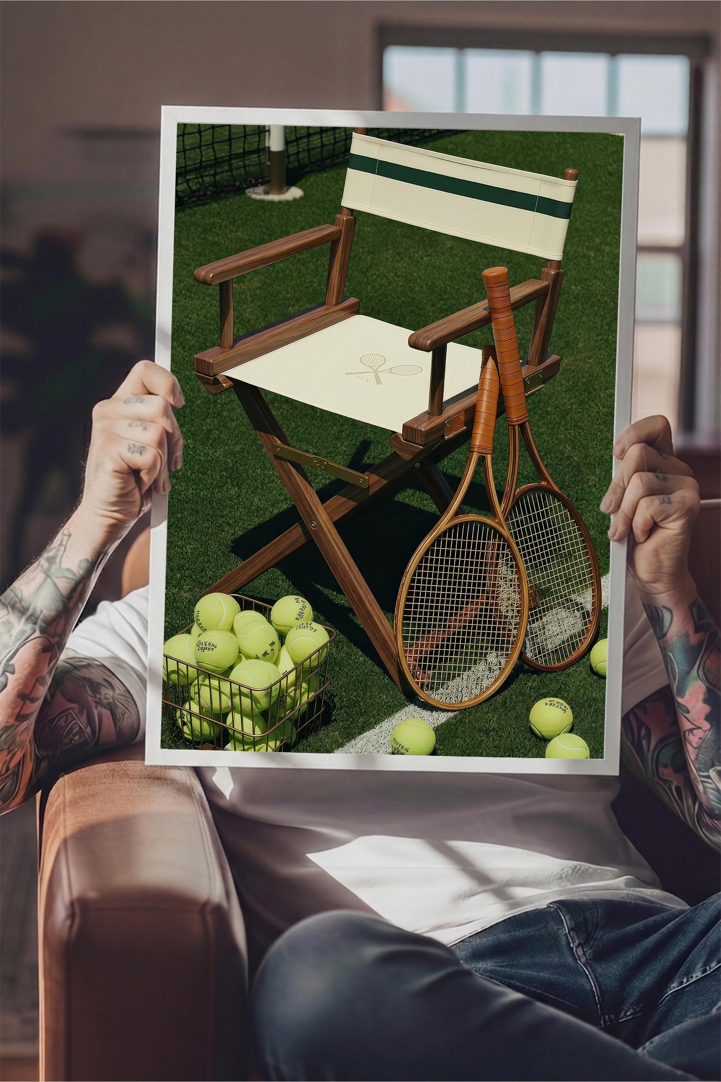 Tenis Raketi ve Sandalye Posteri, Beyaz Çerçeveli Poster, Old Money Serisi, NO:113125