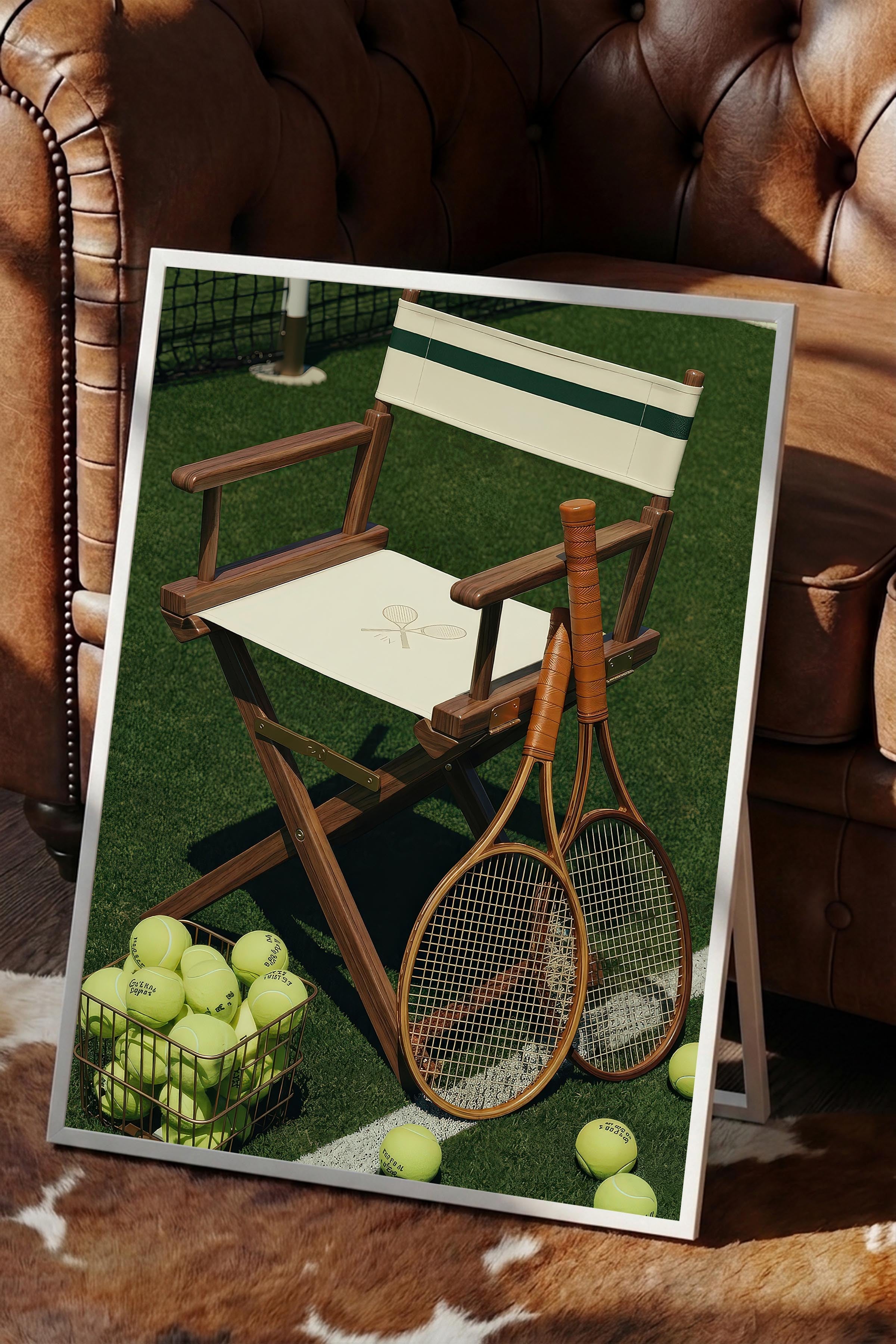 Tenis Raketi ve Sandalye Posteri, Beyaz Çerçeveli Poster, Old Money Serisi, NO:113125