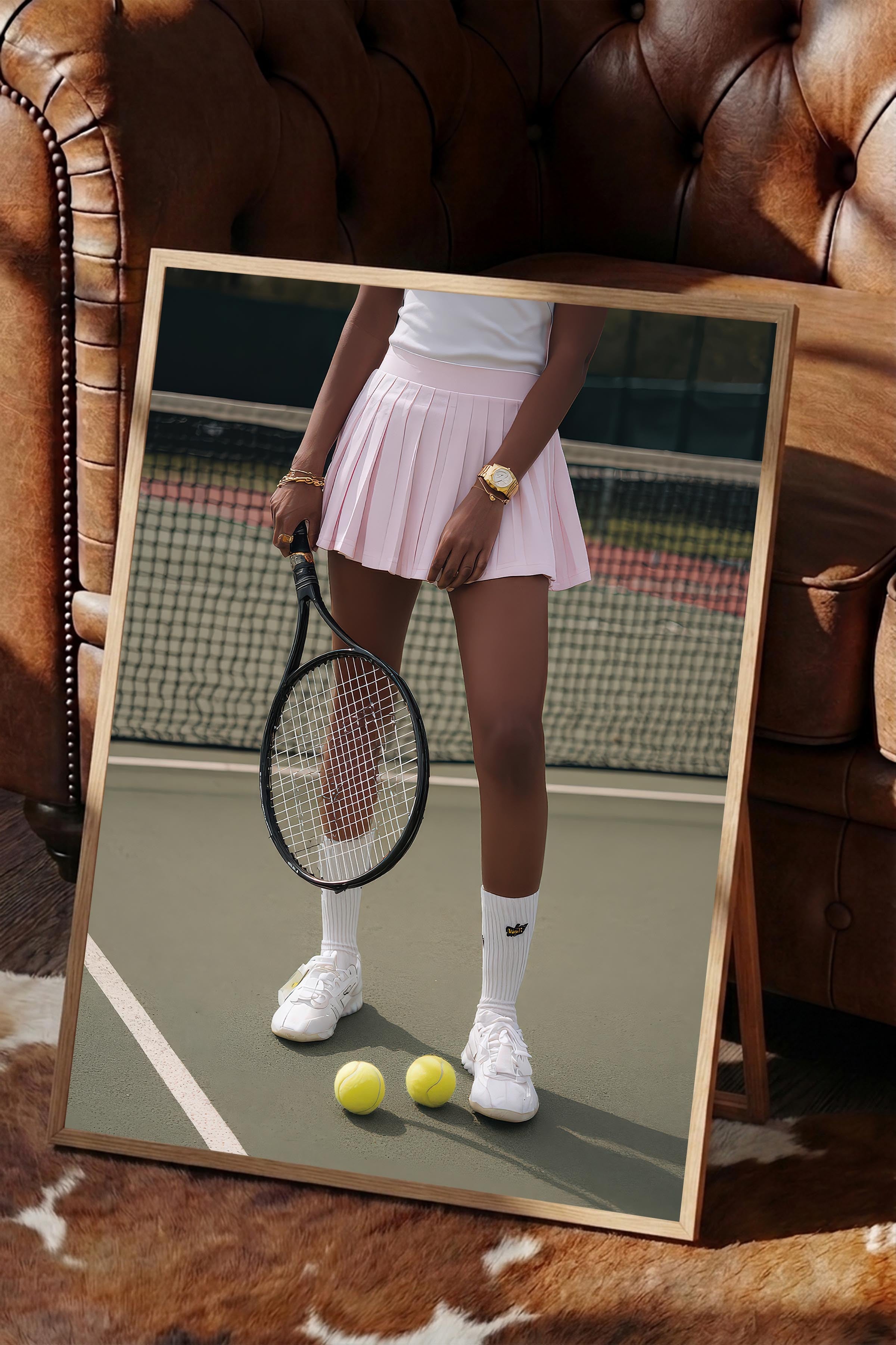 Tenis Raketi ve Topları Posteri, Ahşap Çerçeveli Poster, Old Money Serisi, NO:113215