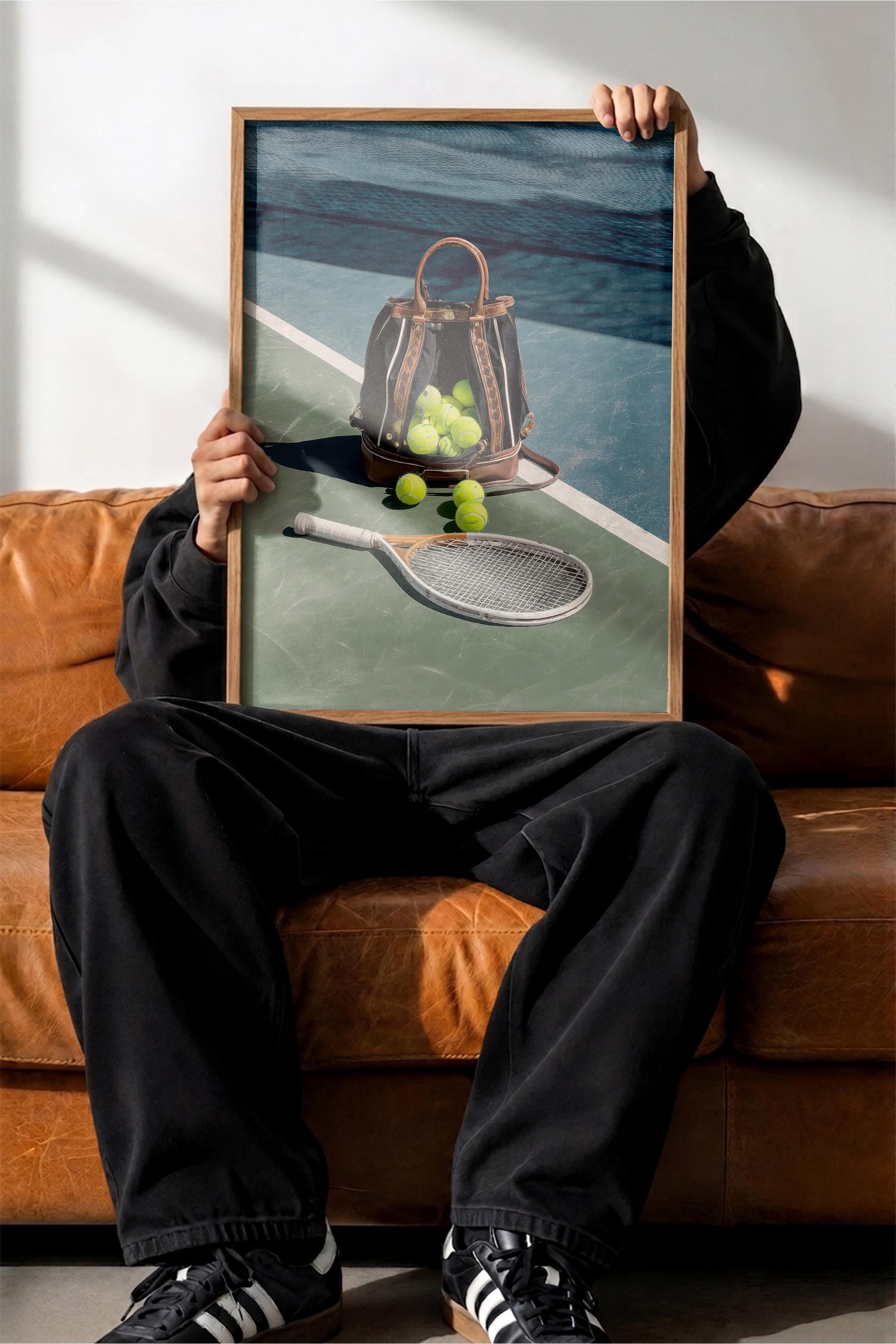Tenis Raketi ve Topları Posteri, Ahşap Çerçeveli Poster, Old Money Serisi, NO:113231
