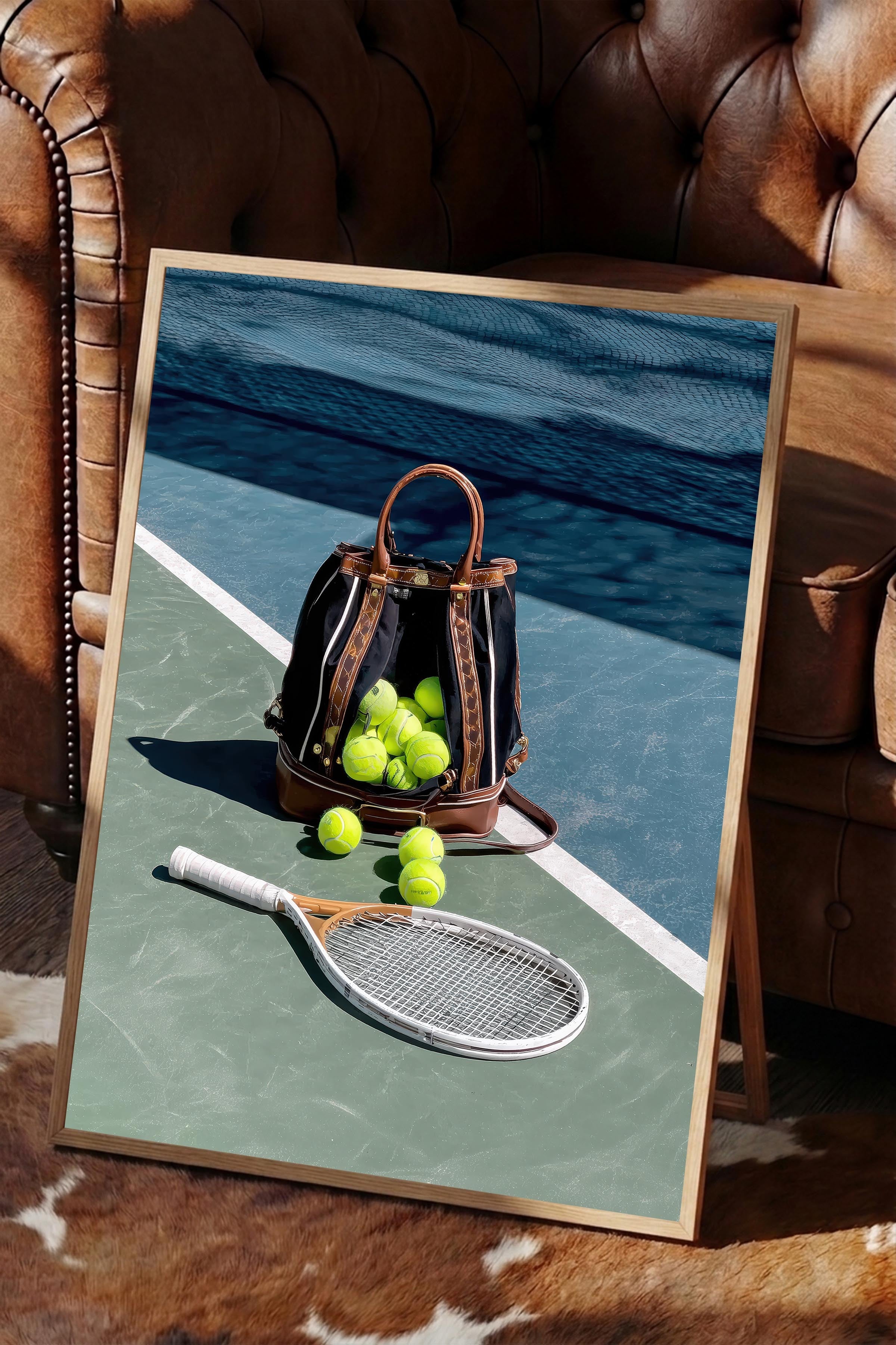 Tenis Raketi ve Topları Posteri, Ahşap Çerçeveli Poster, Old Money Serisi, NO:113231
