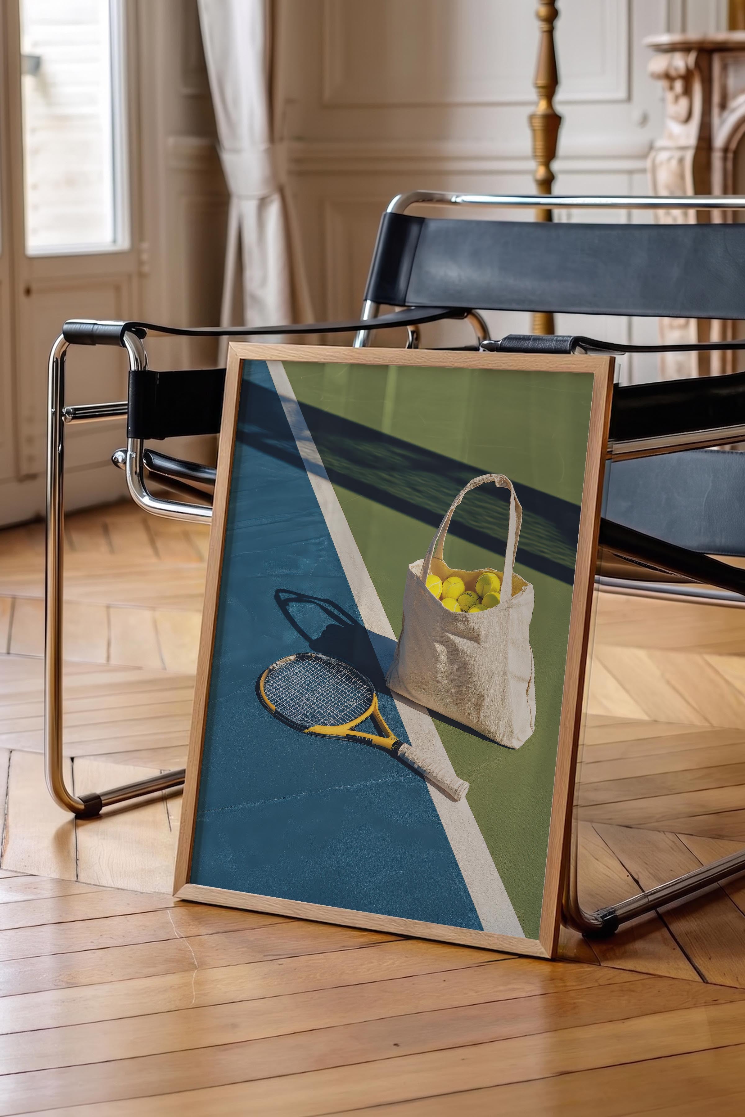 Tenis Raketi ve Topları Posteri, Ahşap Çerçeveli Poster, Old Money Serisi, NO:113245