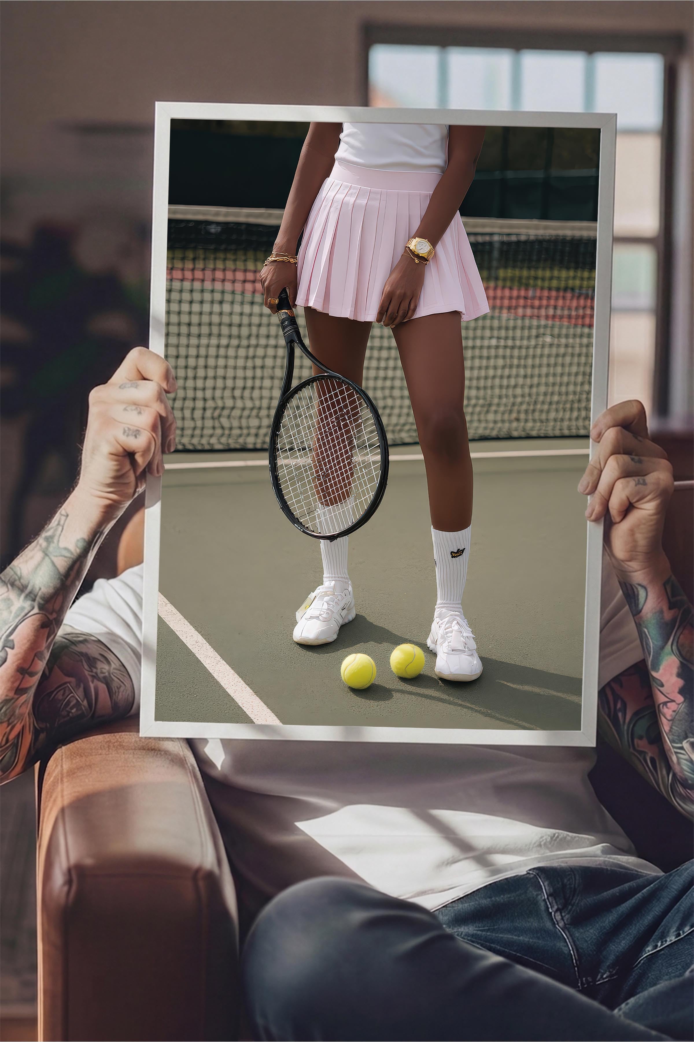 Tenis Raketi ve Topları Posteri, Beyaz Çerçeveli Poster, Old Money Serisi, NO:113215