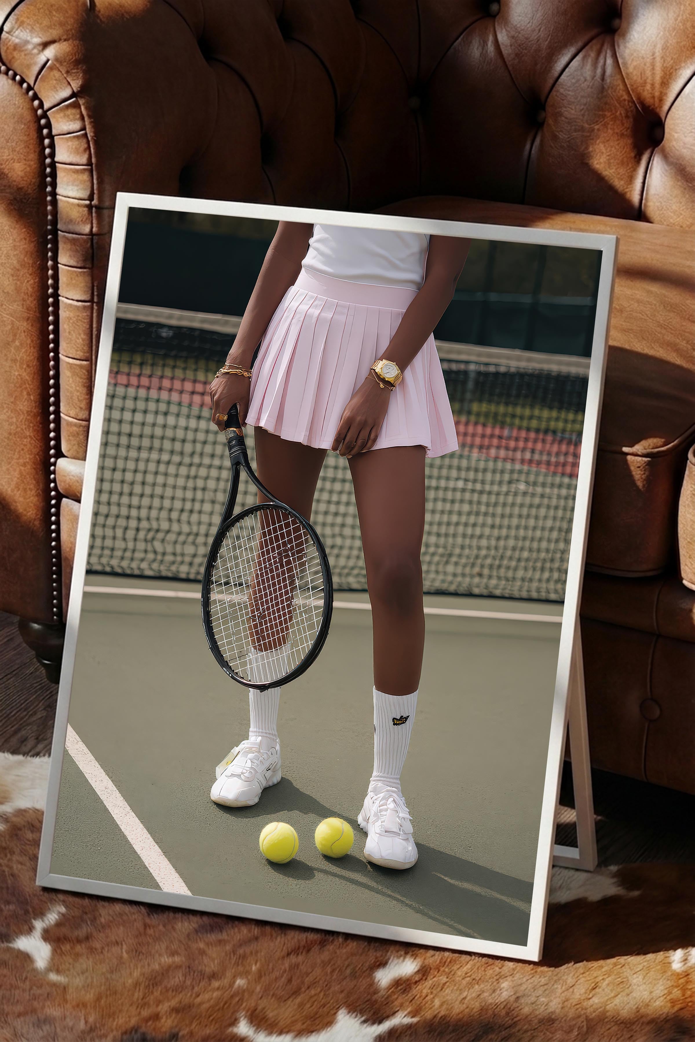 Tenis Raketi ve Topları Posteri, Beyaz Çerçeveli Poster, Old Money Serisi, NO:113215