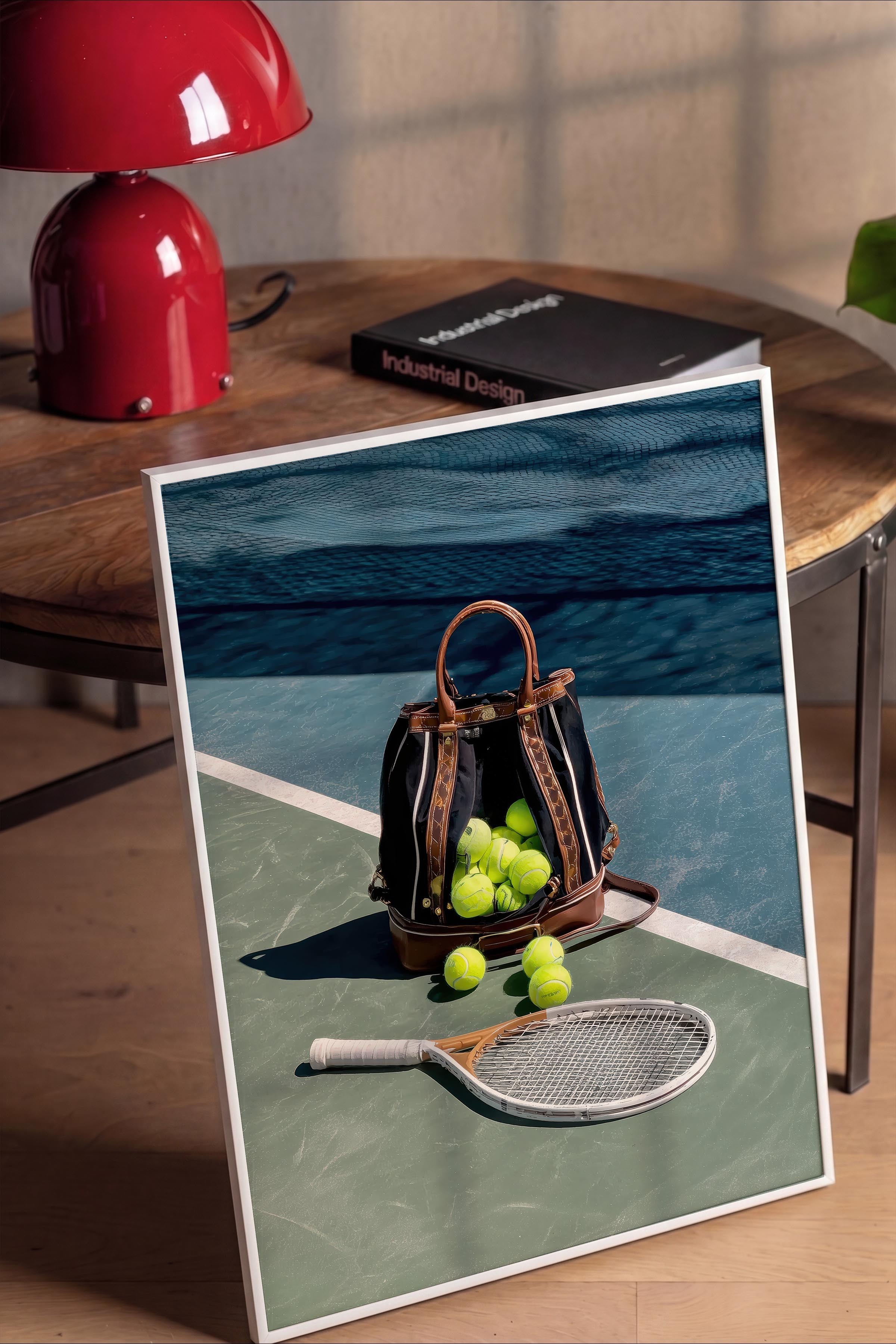 Tenis Raketi ve Topları Posteri, Beyaz Çerçeveli Poster, Old Money Serisi, NO:113231