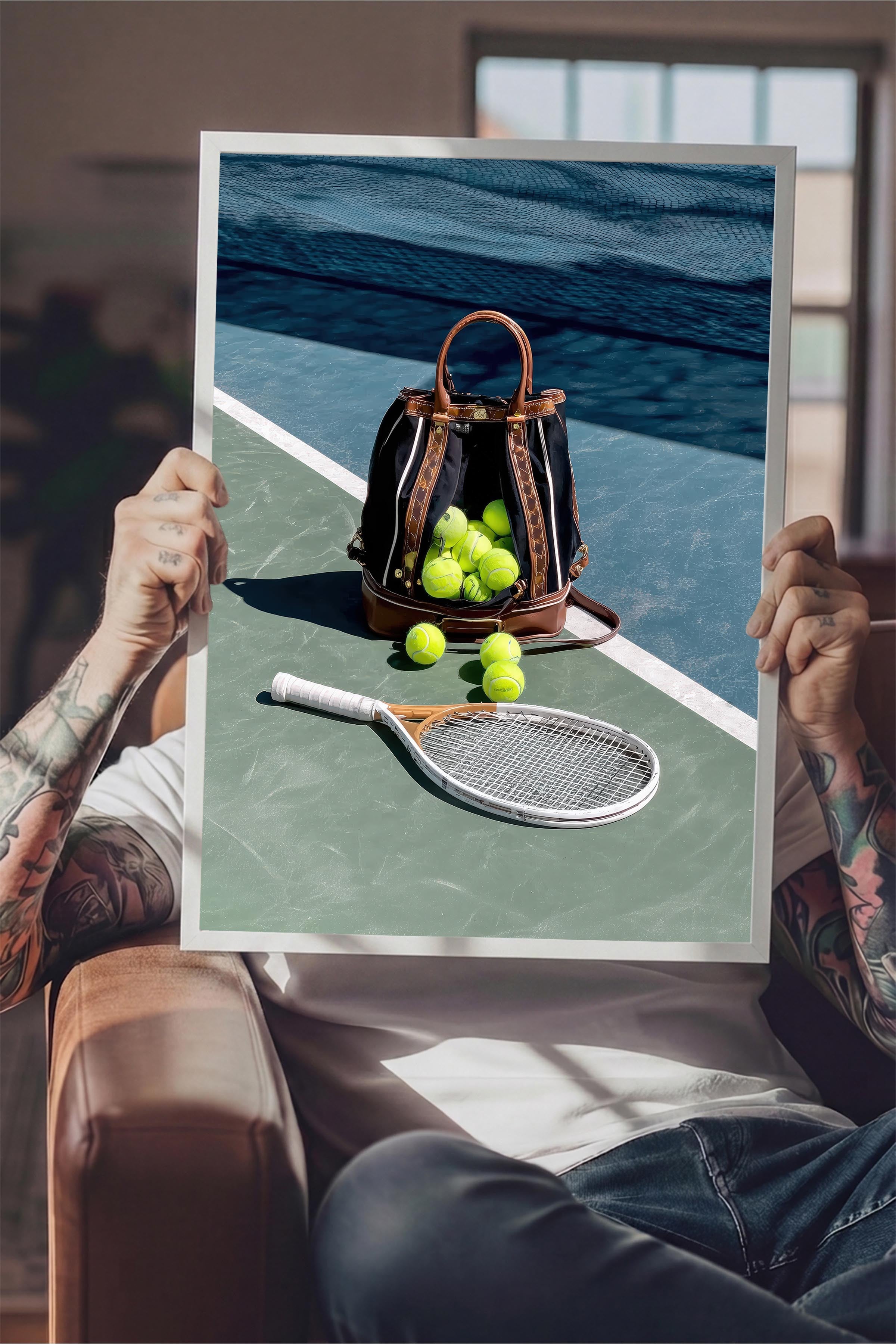 Tenis Raketi ve Topları Posteri, Beyaz Çerçeveli Poster, Old Money Serisi, NO:113231