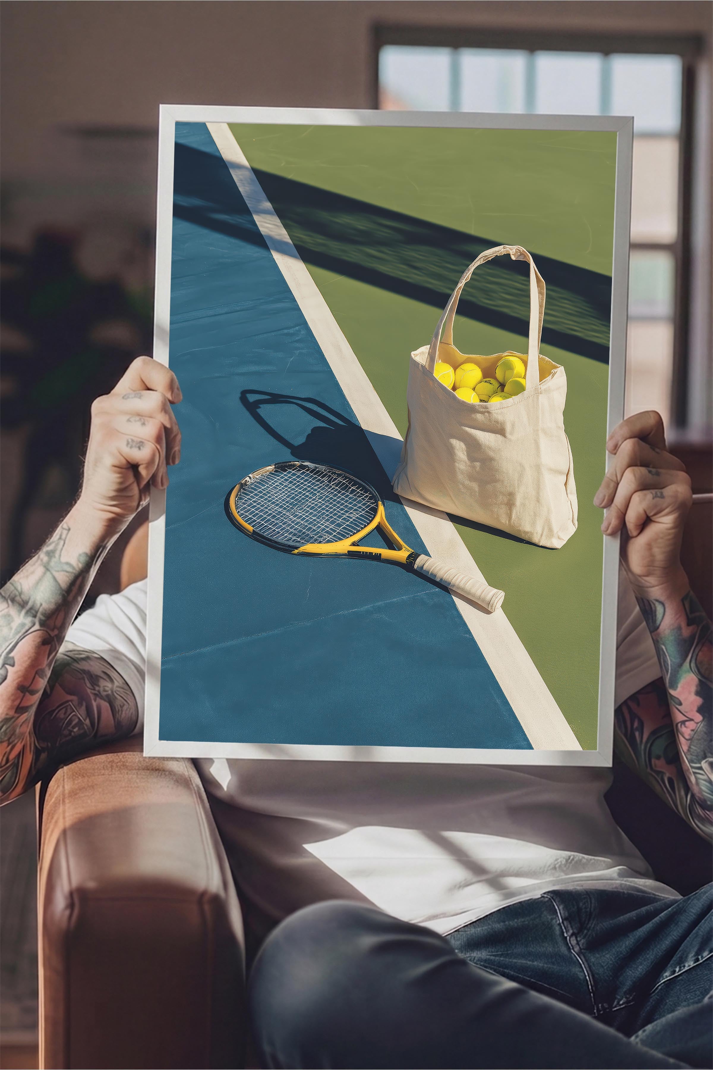 Tenis Raketi ve Topları Posteri, Beyaz Çerçeveli Poster, Old Money Serisi, NO:113245