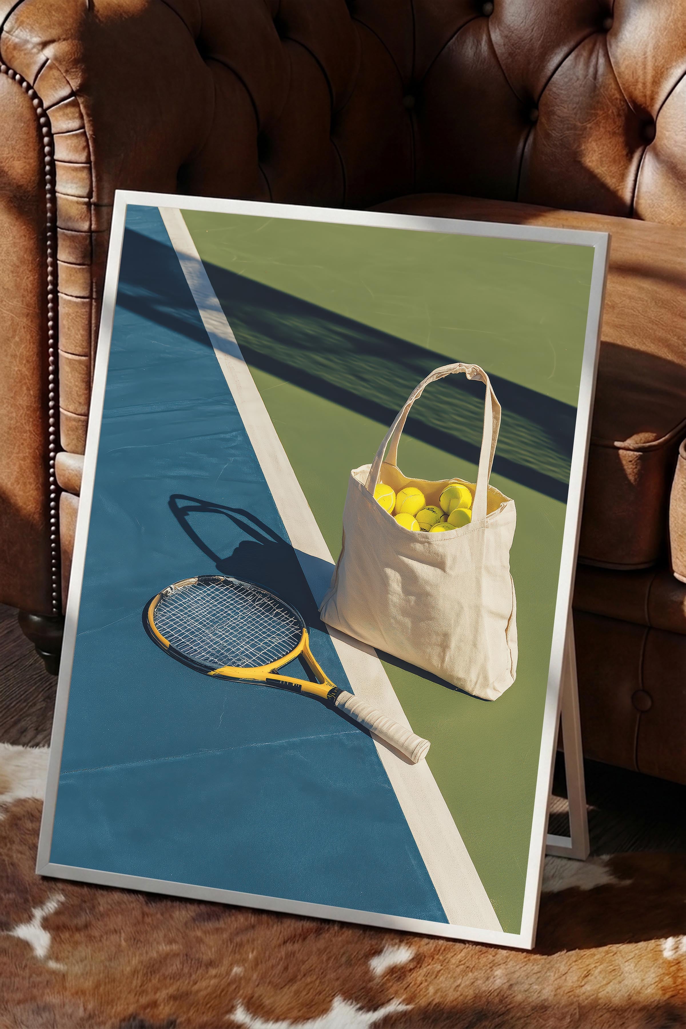 Tenis Raketi ve Topları Posteri, Beyaz Çerçeveli Poster, Old Money Serisi, NO:113245