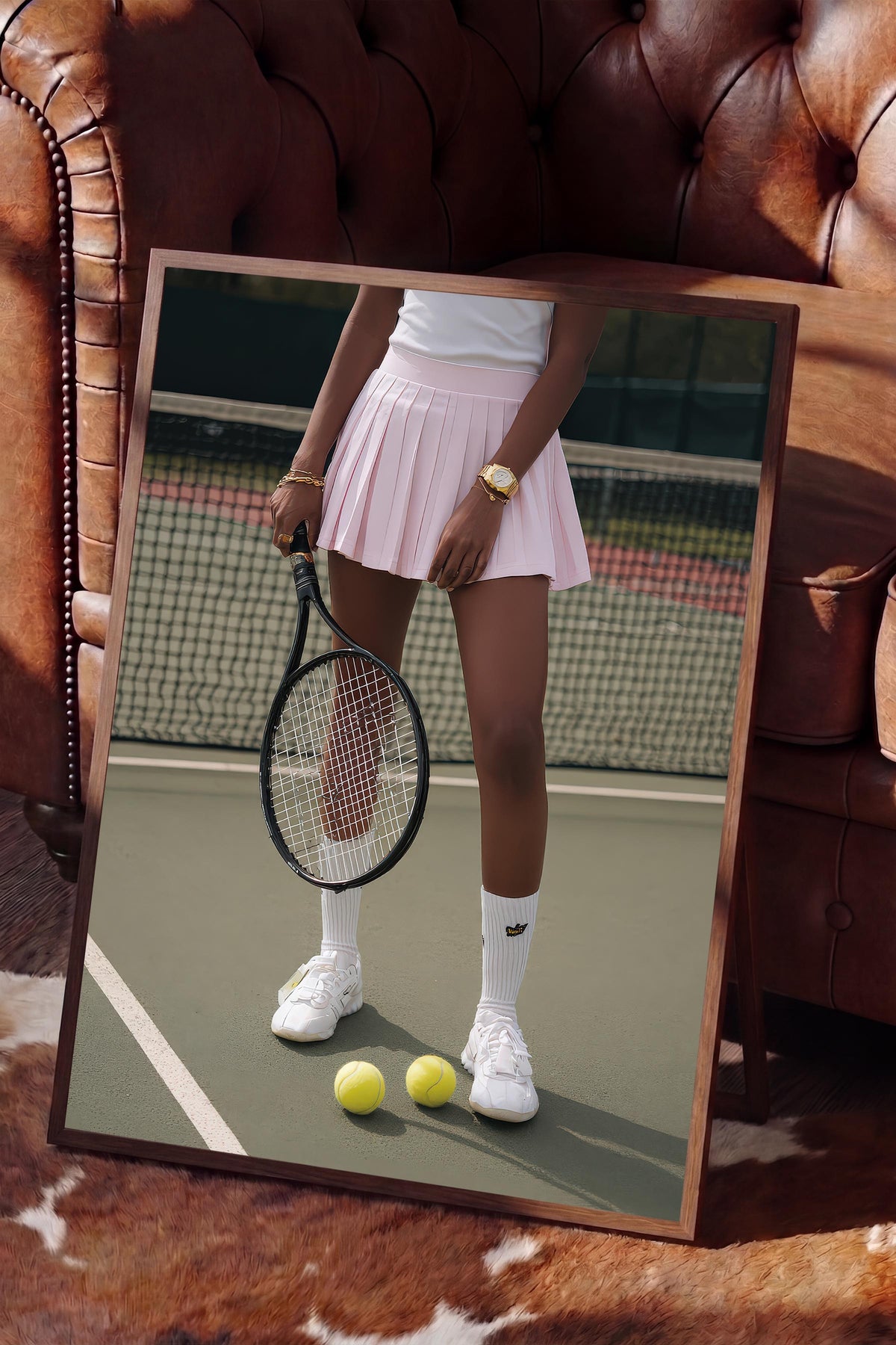Tenis Raketi ve Topları Posteri, Kahverengi Çerçeveli Poster, Old Money Serisi, NO:113215