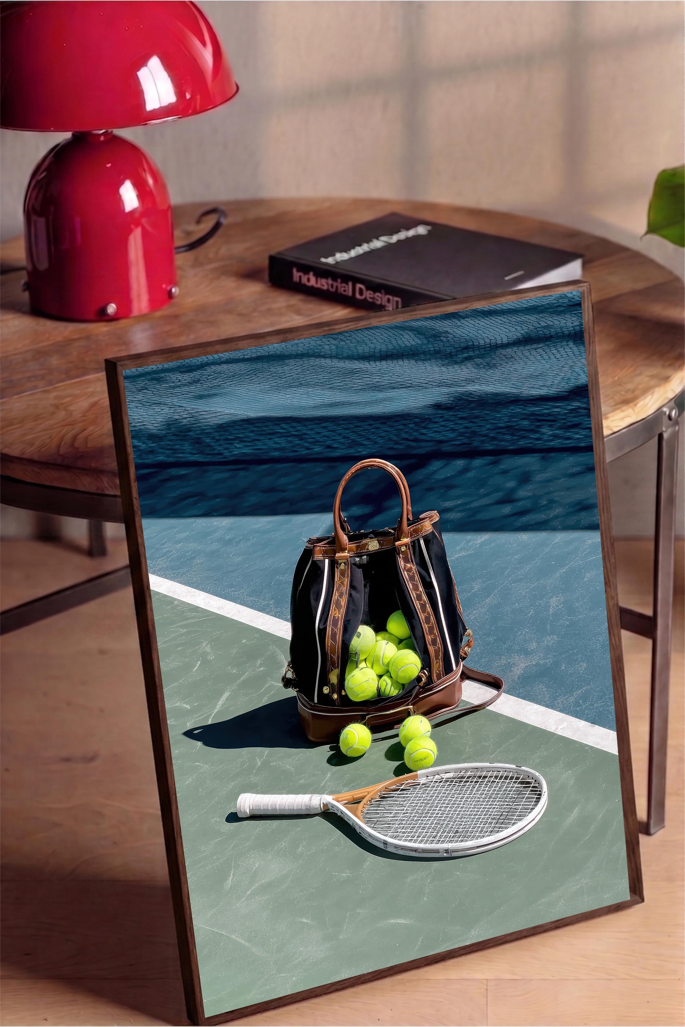 Tenis Raketi ve Topları Posteri, Kahverengi Çerçeveli Poster, Old Money Serisi, NO:113231