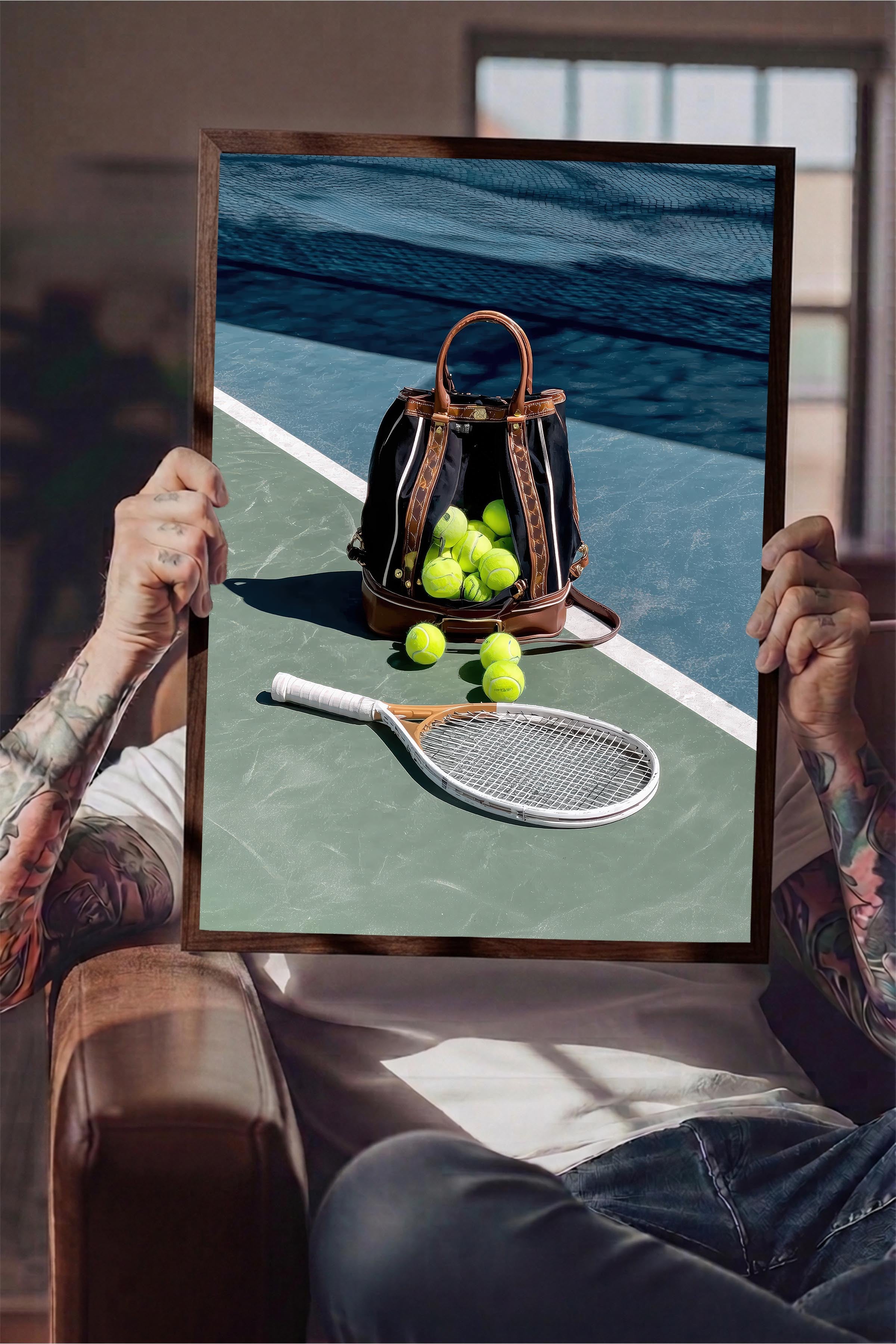 Tenis Raketi ve Topları Posteri, Kahverengi Çerçeveli Poster, Old Money Serisi, NO:113231