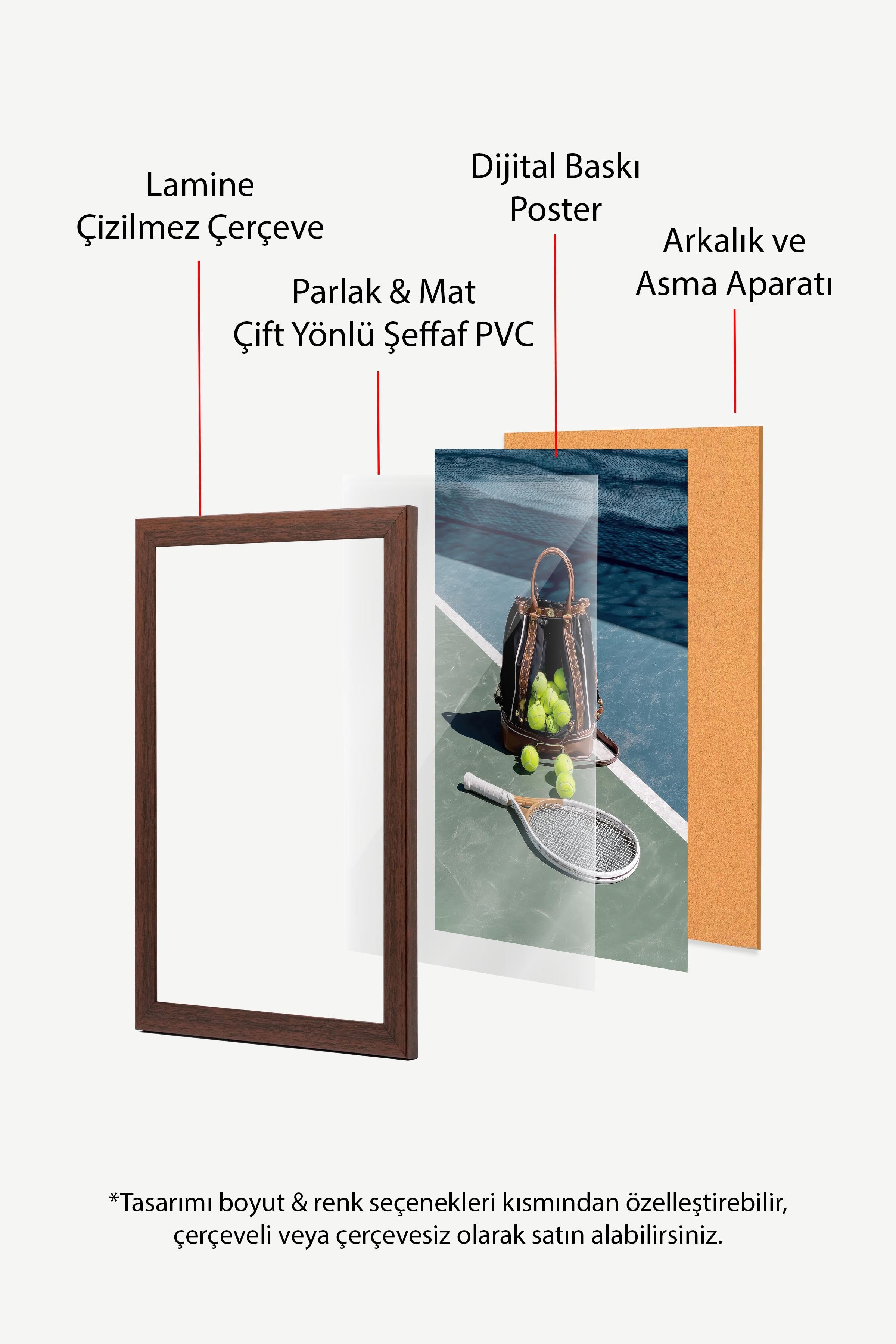 Tenis Raketi ve Topları Posteri, Kahverengi Çerçeveli Poster, Old Money Serisi, NO:113231