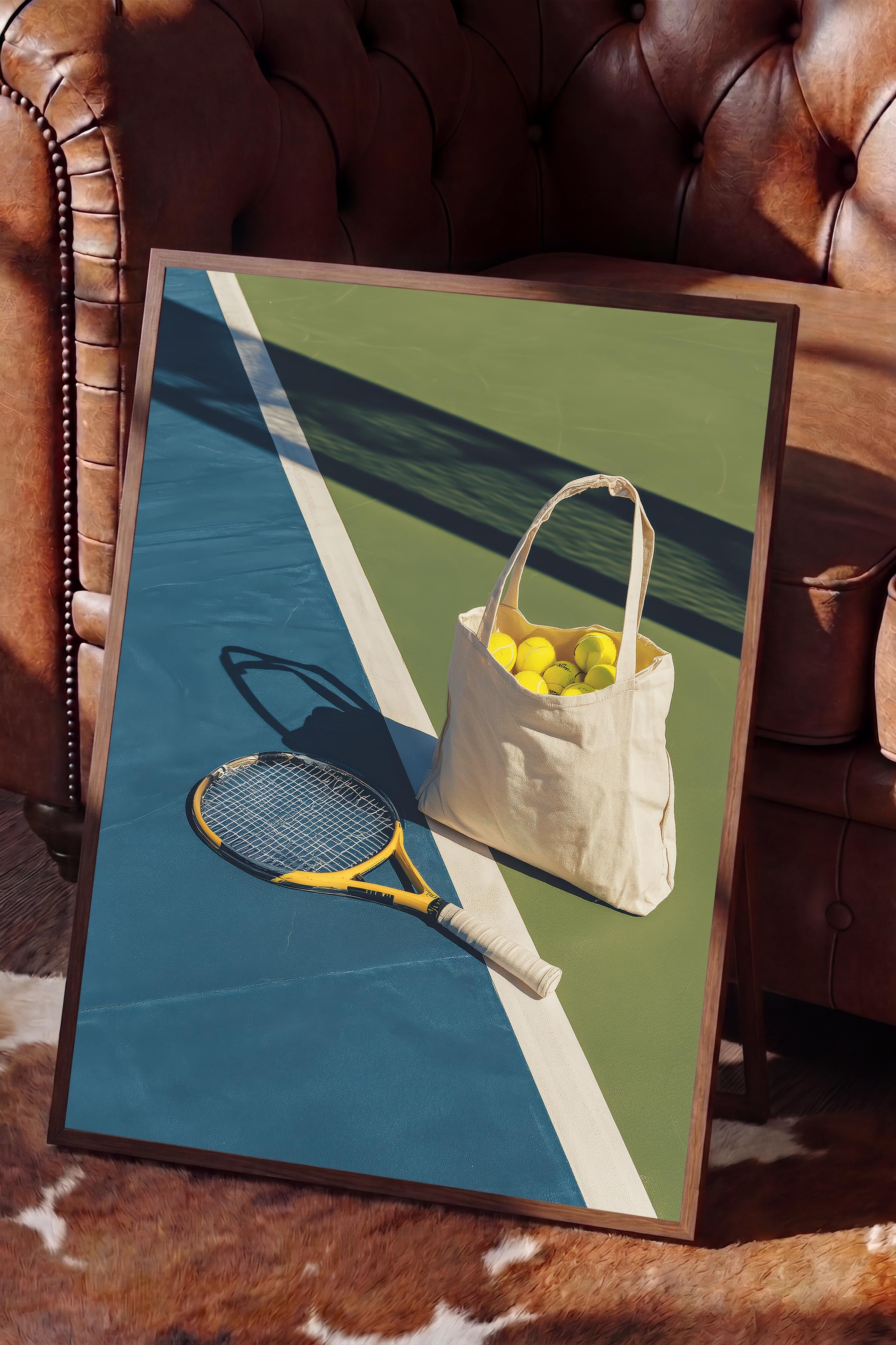 Tenis Raketi ve Topları Posteri, Kahverengi Çerçeveli Poster, Old Money Serisi, NO:113245