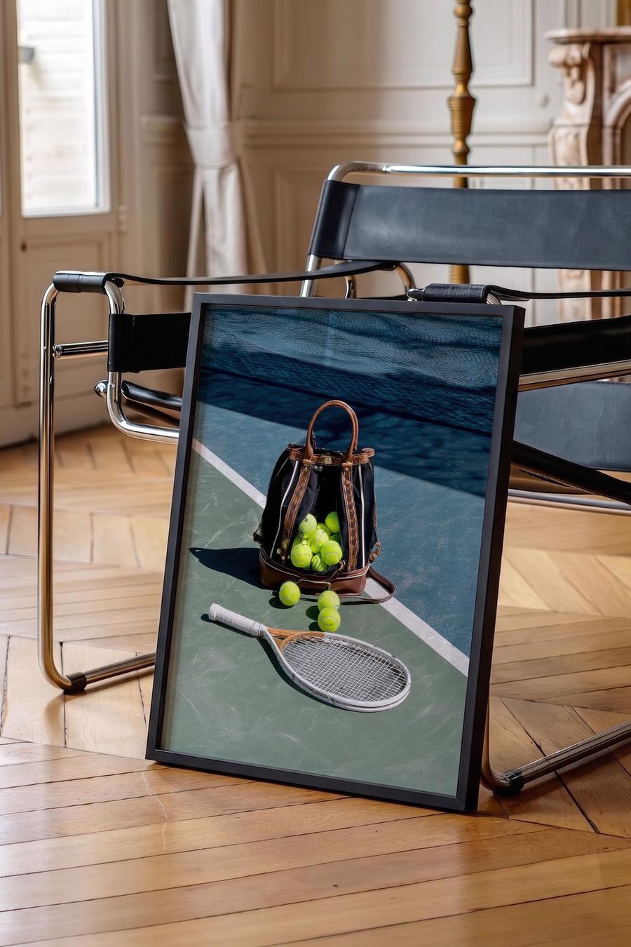 Mavi Tonlarda Tenis Raketi ve Topları Old Money Poster – Siyah Çerçeveli Tablo