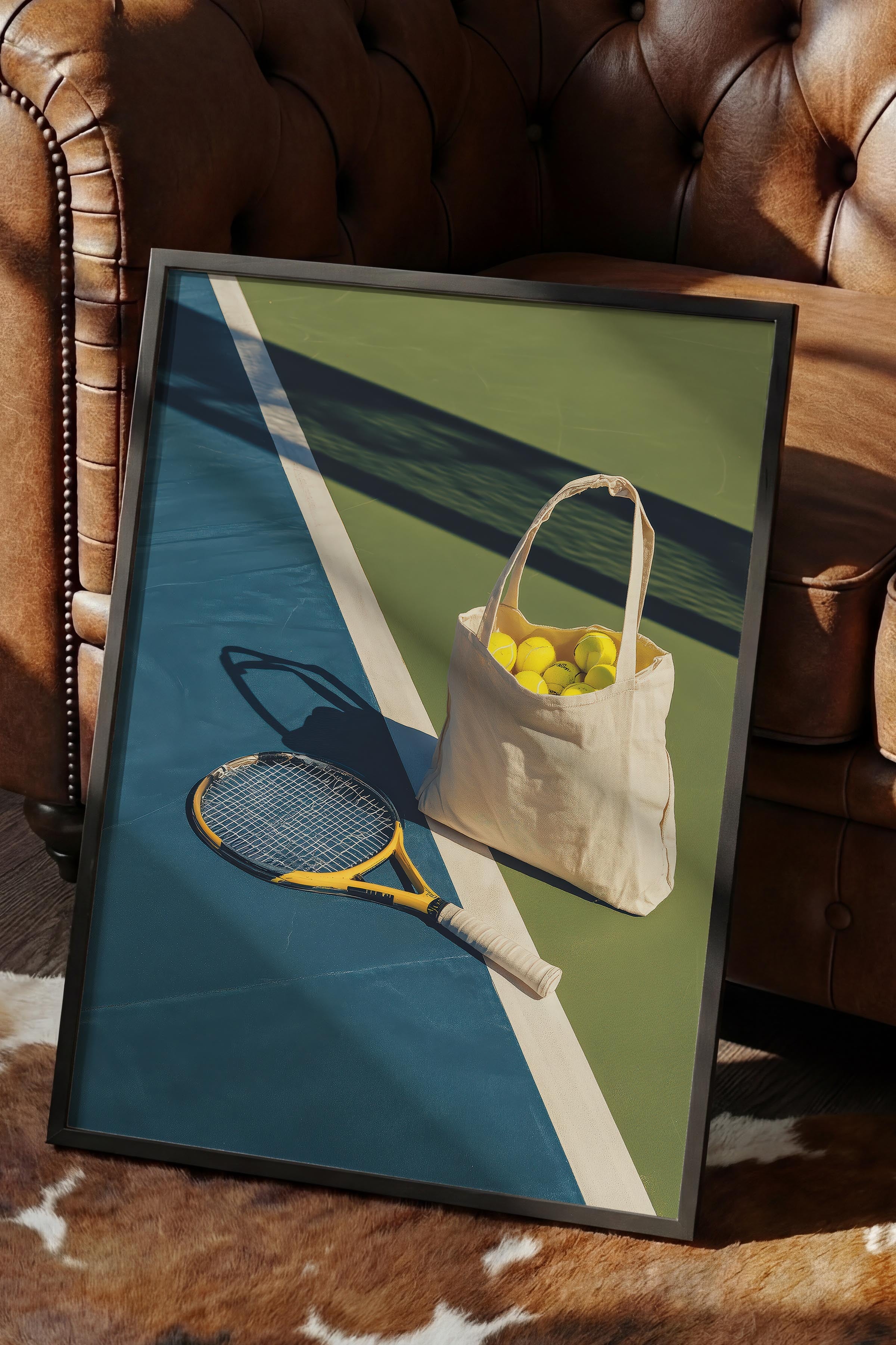 Tenis Raketi ve Topları Posteri, Siyah Çerçeveli Poster, Old Money Serisi, NO:113245