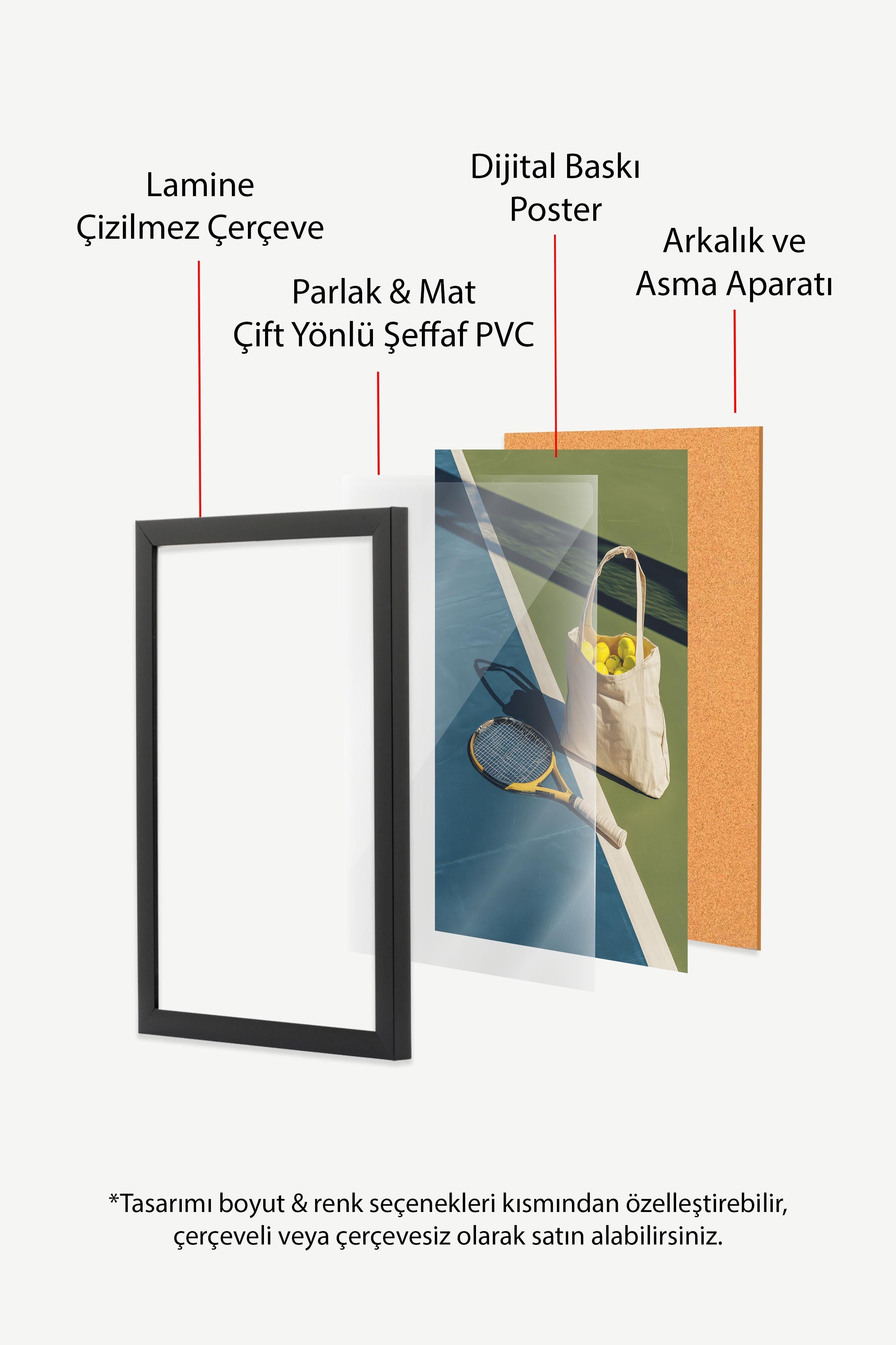 Tenis Raketi ve Topları Posteri, Siyah Çerçeveli Poster, Old Money Serisi, NO:113245