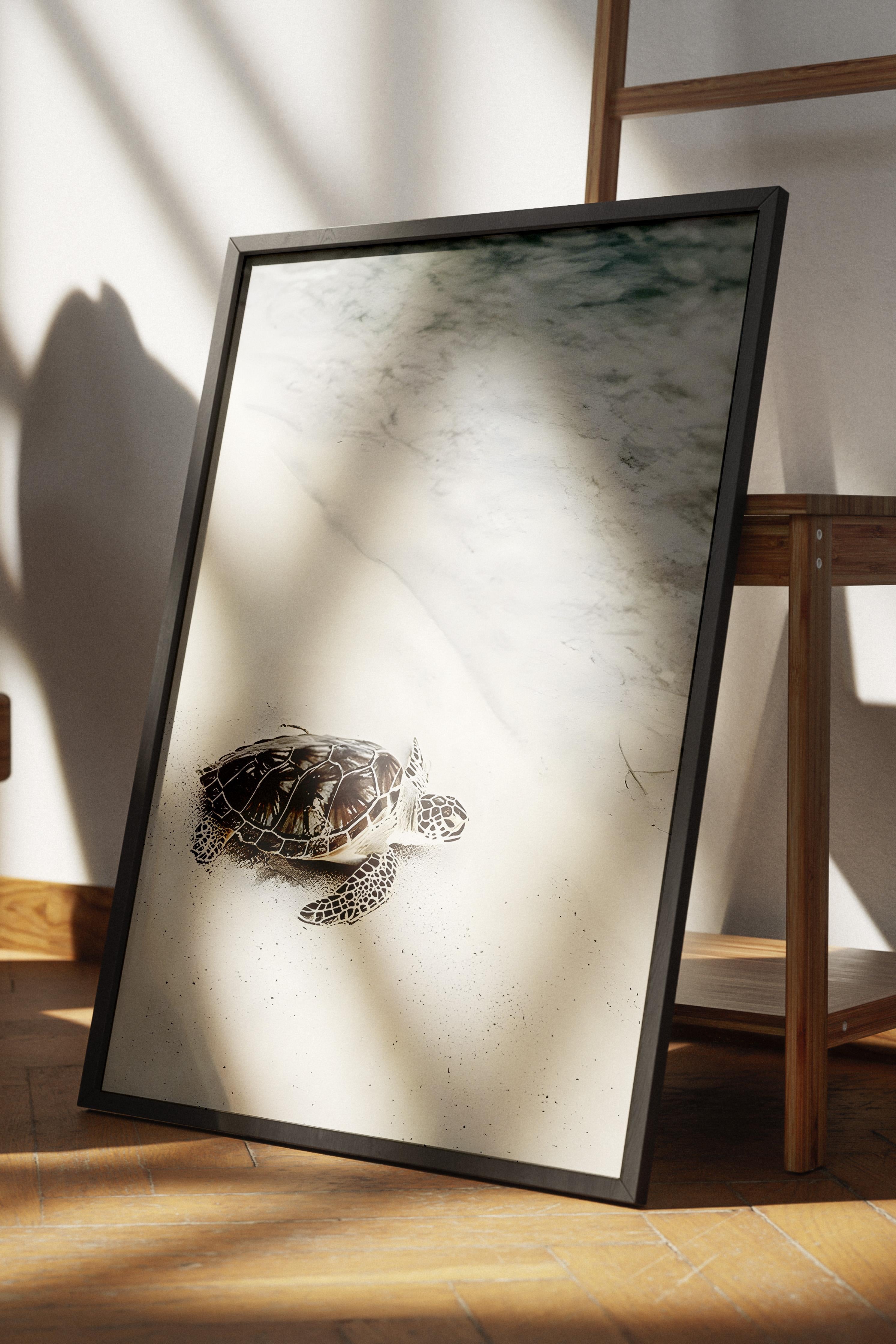 Turtle on the Beach Çerçeveli Tablo, Siyah Çerçeve ve Poster, Duvar Tablosu Comfort Serisi NO:108422
