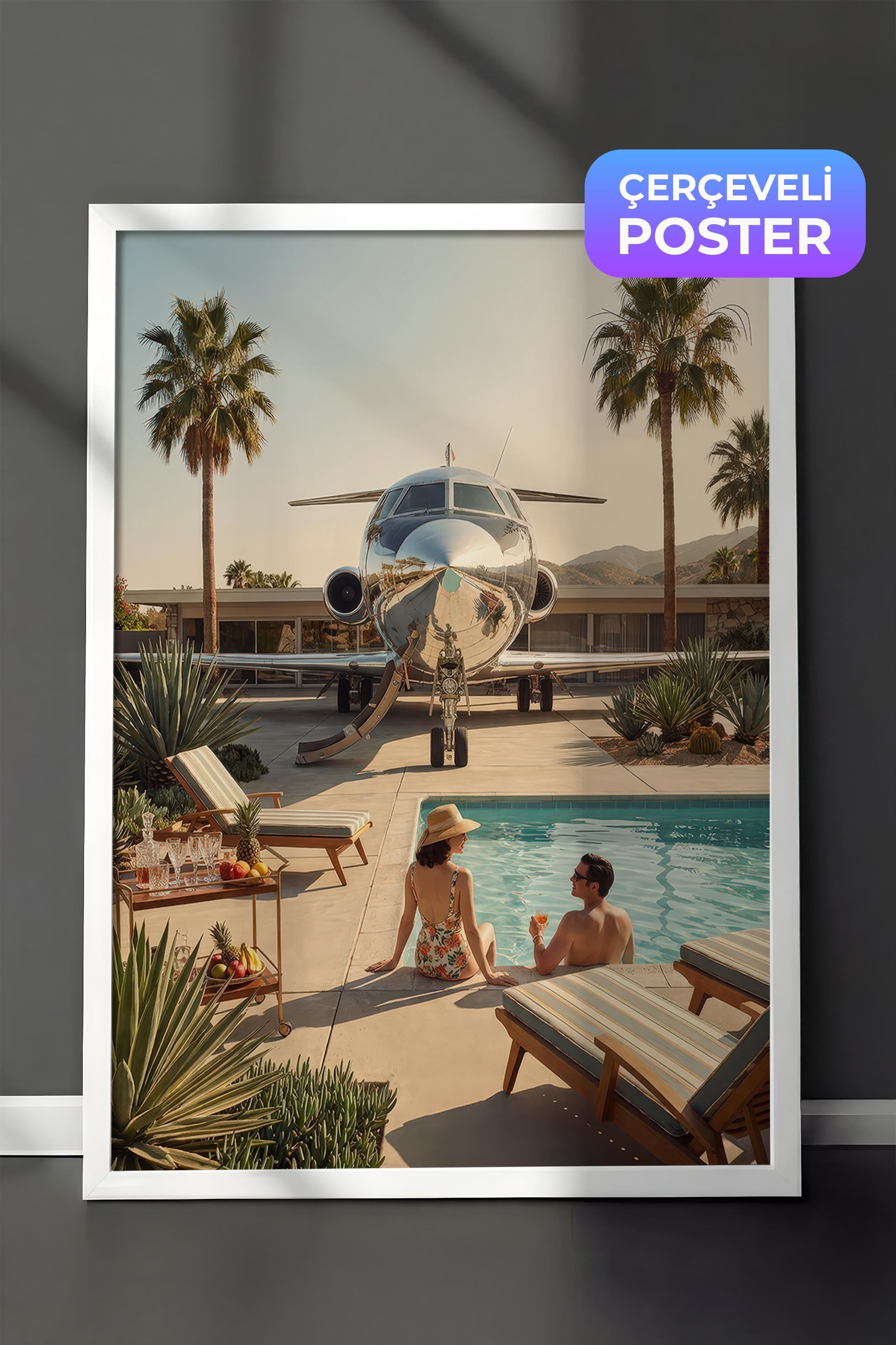 Uçak ve Havuz Kenarı Posteri, Beyaz Çerçeveli Poster, Old Money Serisi, NO:113151
