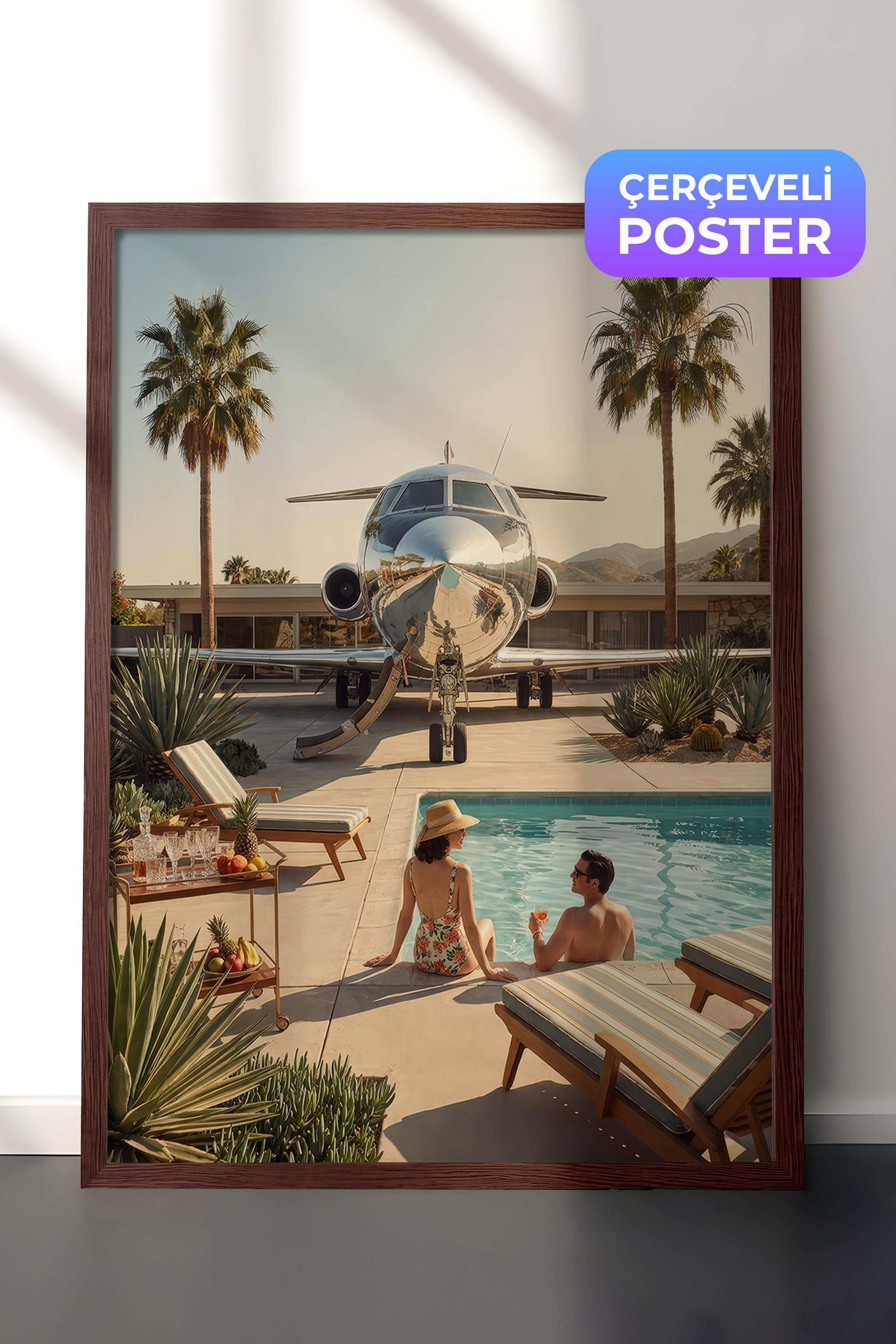 Uçak ve Havuz Kenarı Posteri, Kahverengi Çerçeveli Poster, Old Money Serisi, NO:113151