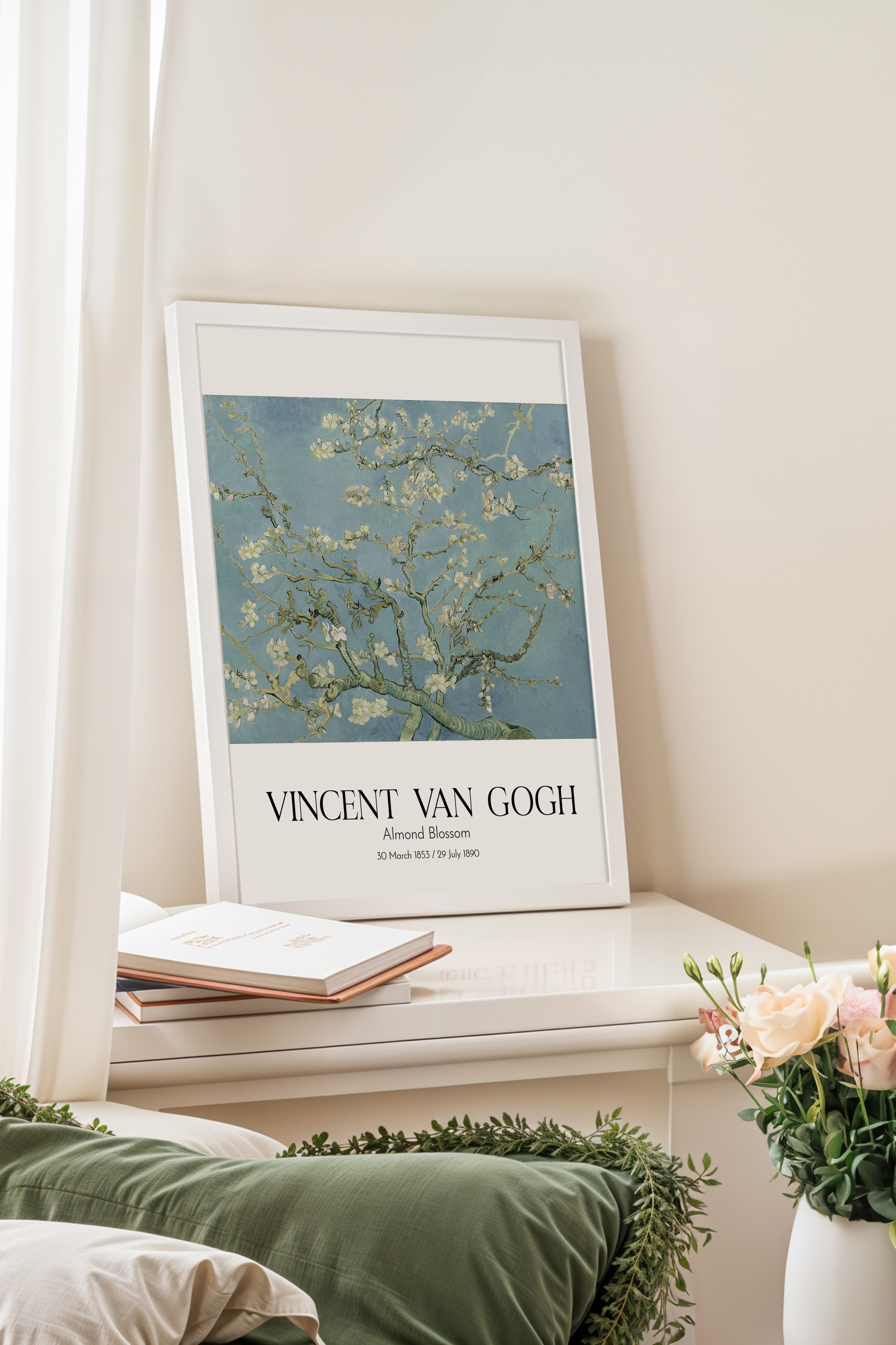 Vincent Van Gogh - Almond Blossom, Beyaz Çerçeveli Tablo, Sanat Serisi NO:110593