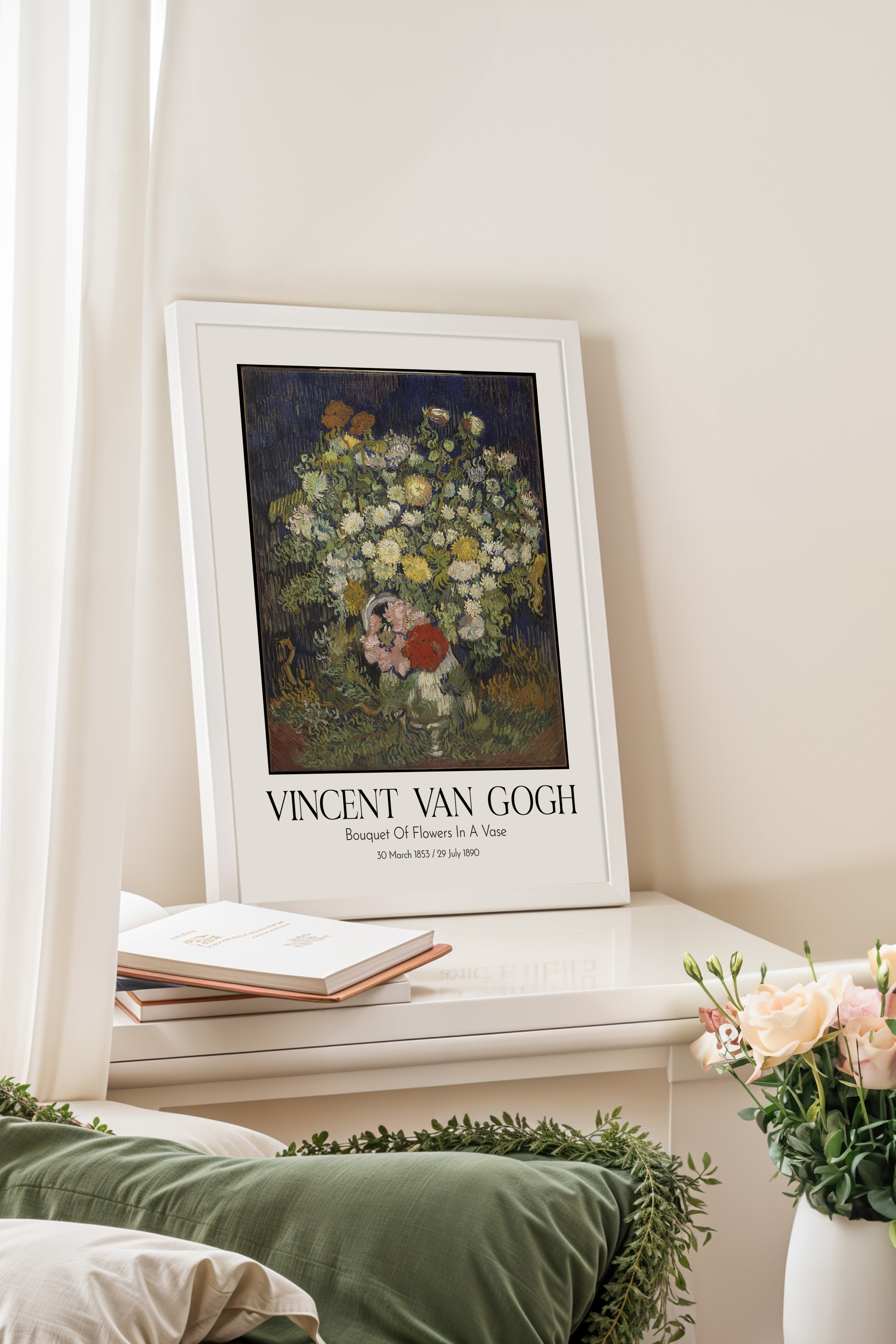 Vincent Van Gogh - Bouquet Of Flowers In A Vase, Beyaz Çerçeveli Tablo, Sanat Serisi NO:110596