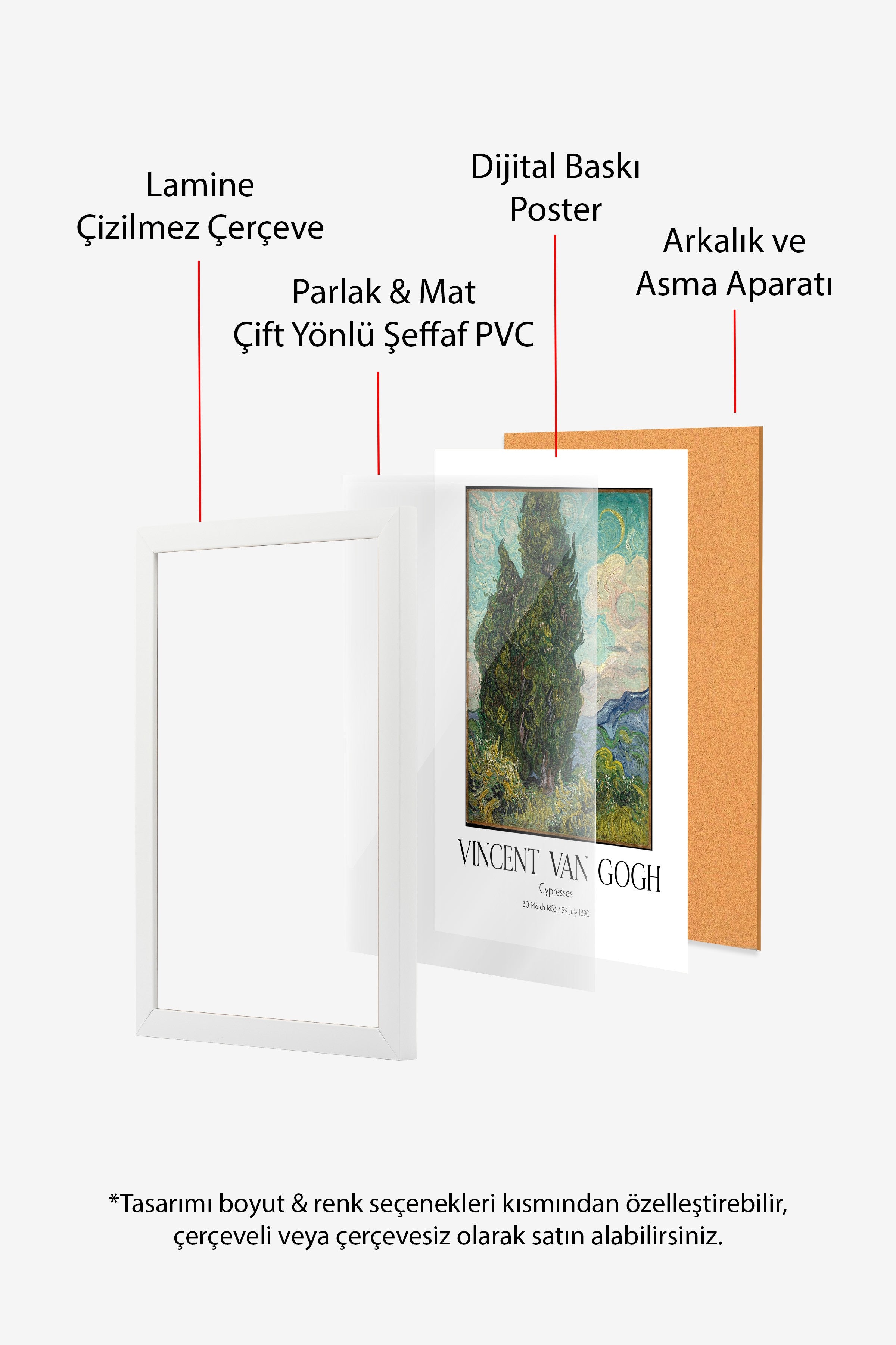 Vincent Van Gogh - Cypresses, Beyaz Çerçeveli Tablo, Sanat Serisi NO:110598