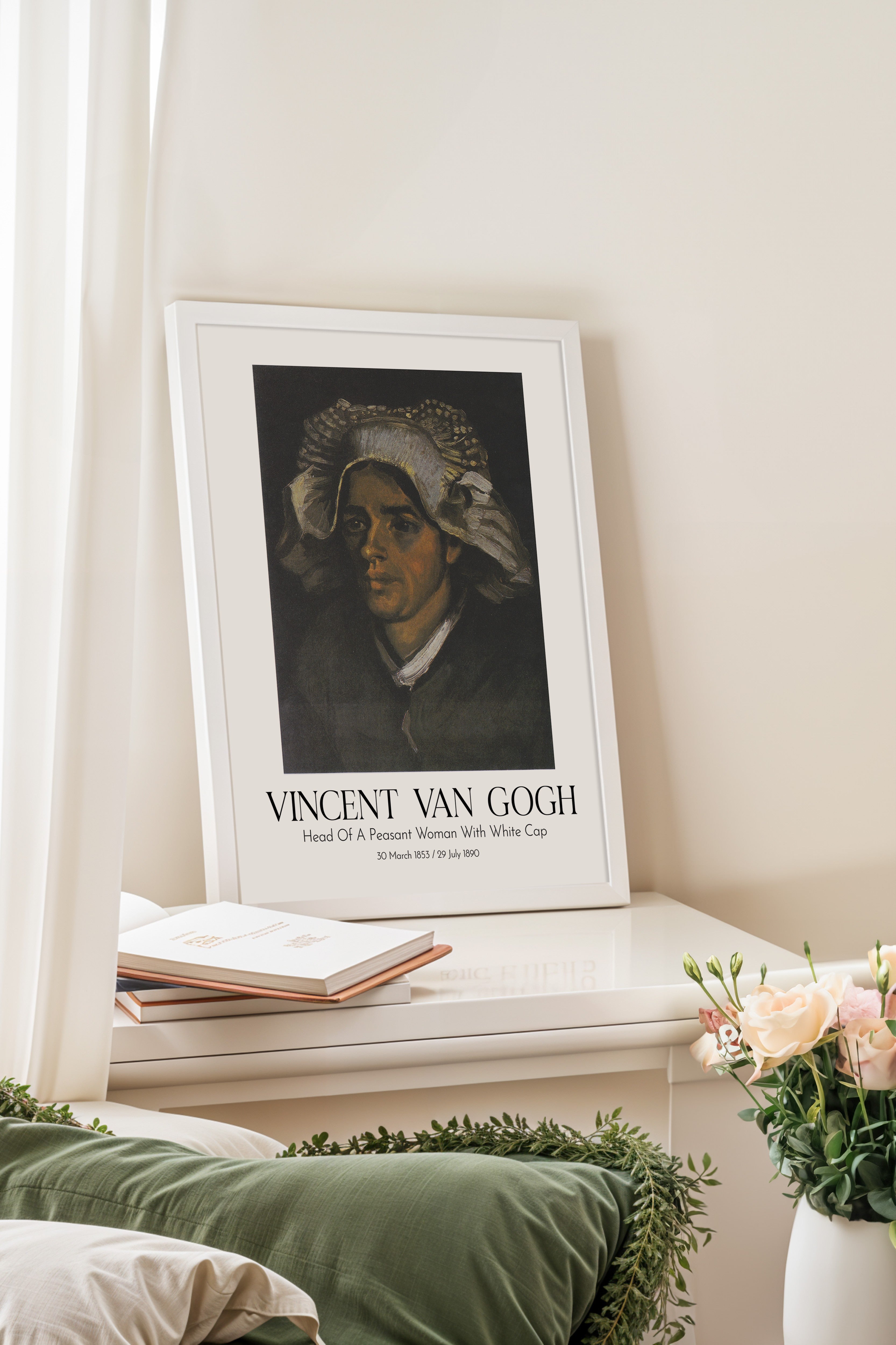 Vincent Van Gogh - Head Of A Peasant Woman With White Cap, Beyaz Çerçeveli Tablo, Sanat Serisi NO:110595