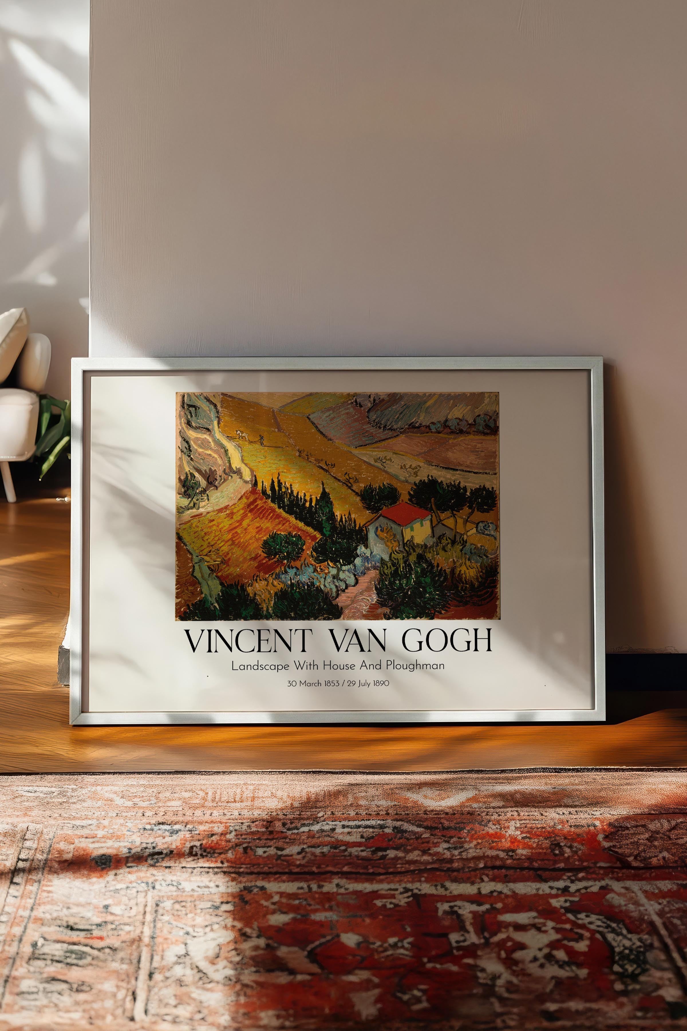Vincent Van Gogh - Landscape With House And Ploughman, Beyaz Çerçeveli Tablo, Sanat Serisi NO:110635