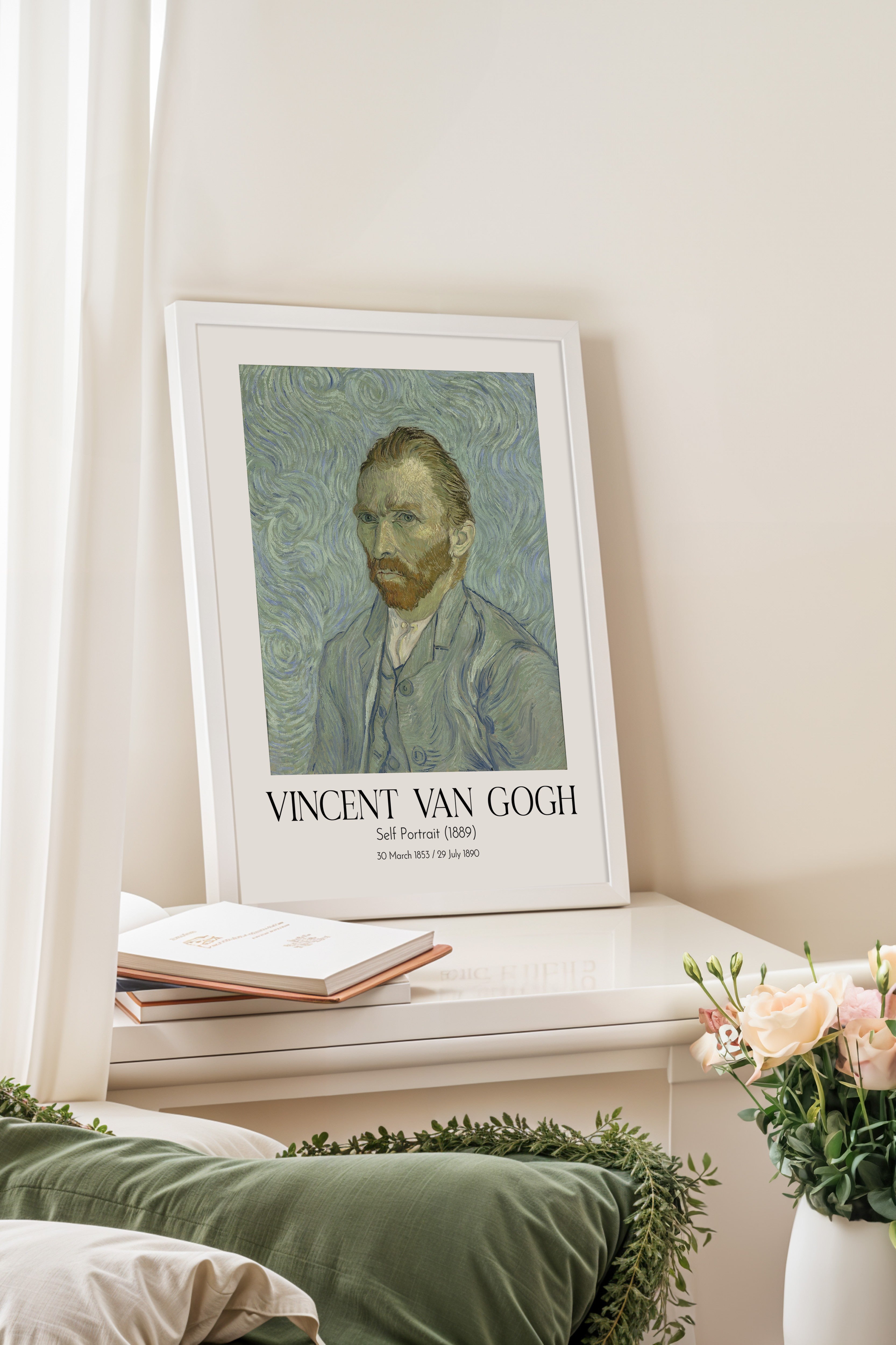 Vincent Van Gogh - Self Portrait (1889), Beyaz Çerçeveli Tablo, Sanat Serisi NO:110629