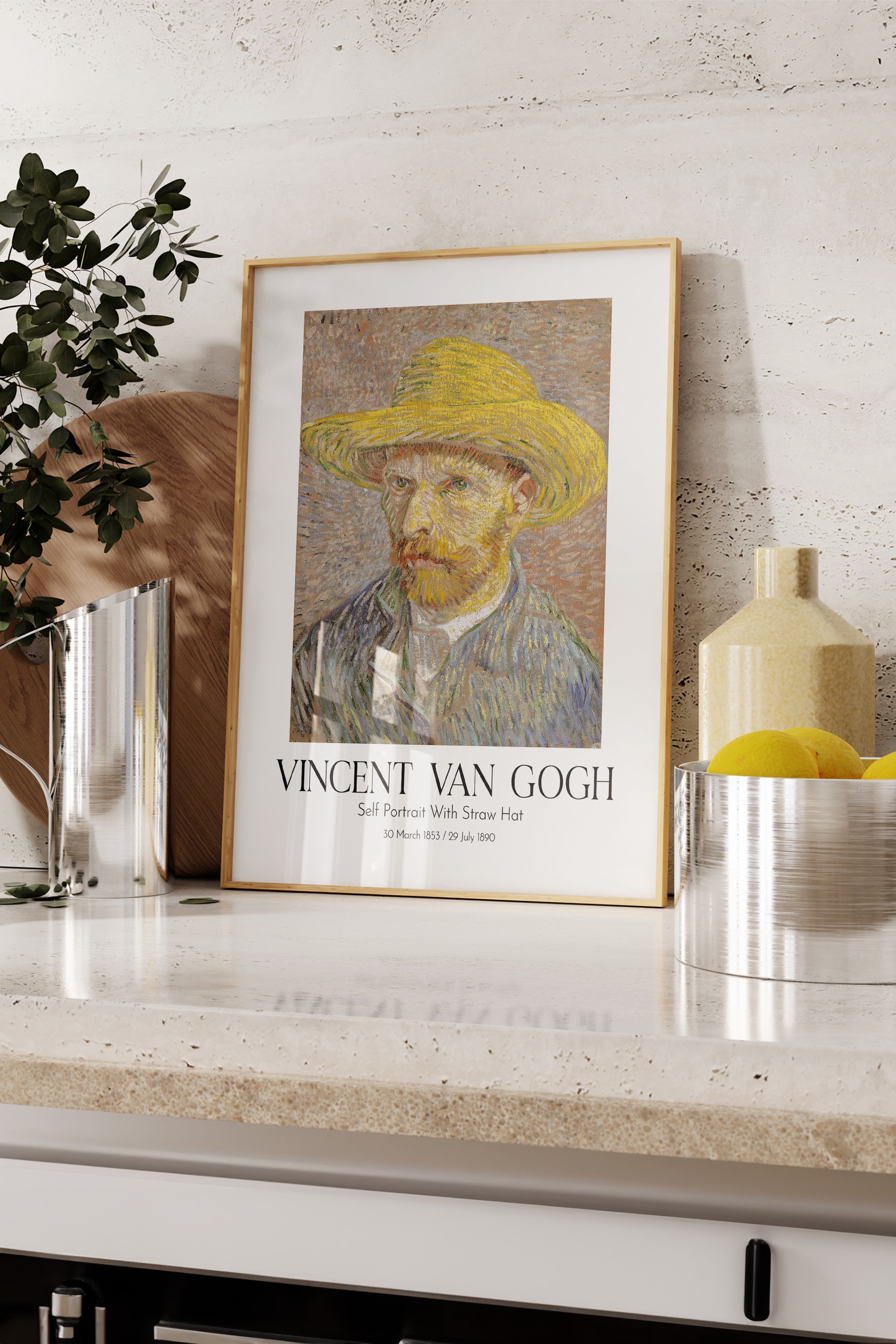 Vincent Van Gogh - Self Portrait With Straw Hat, Ahşap Çerçeveli Tablo, Sanat Serisi NO:110604