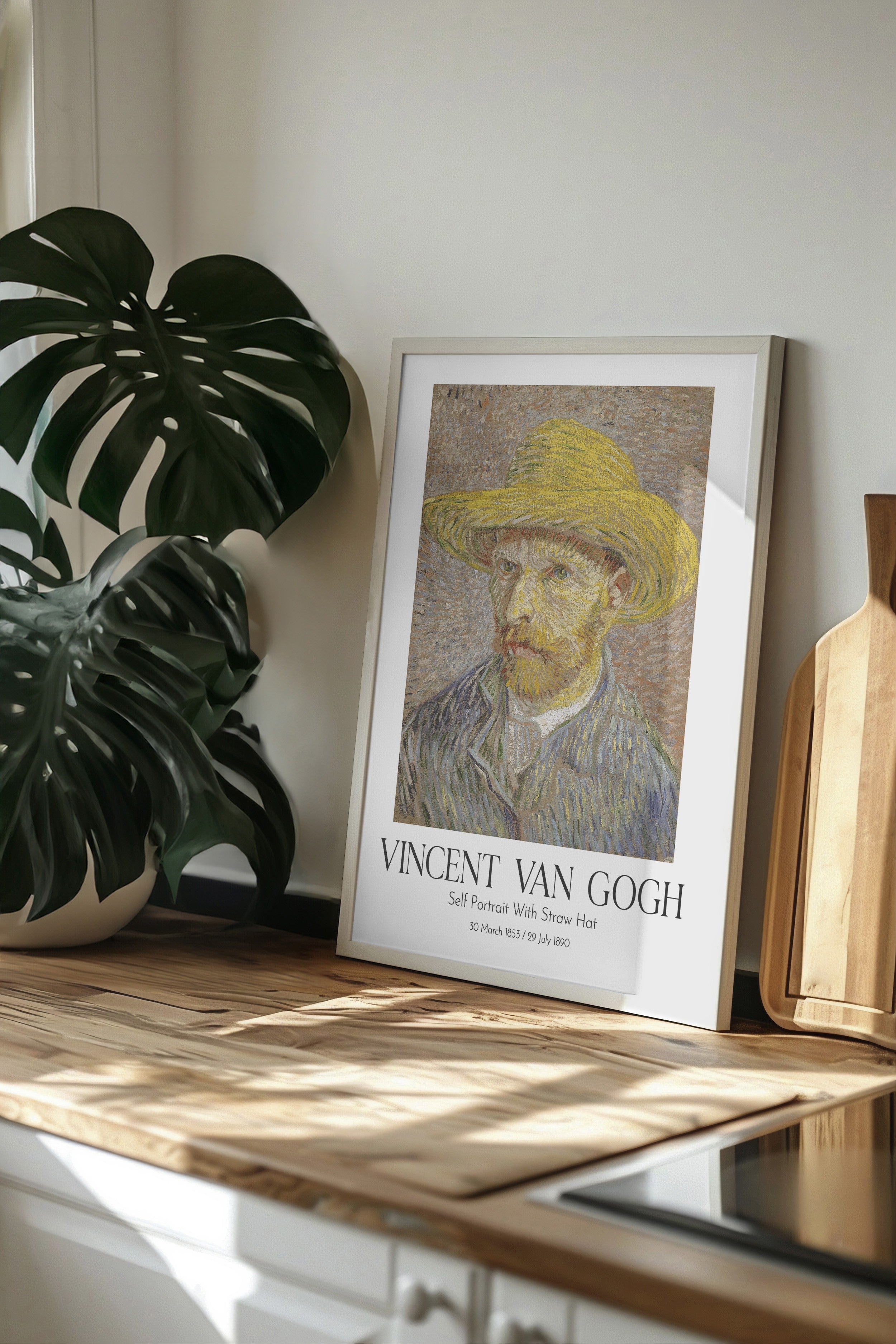 Vincent Van Gogh - Self Portrait With Straw Hat, Beyaz Çerçeveli Tablo, Sanat Serisi NO:110604