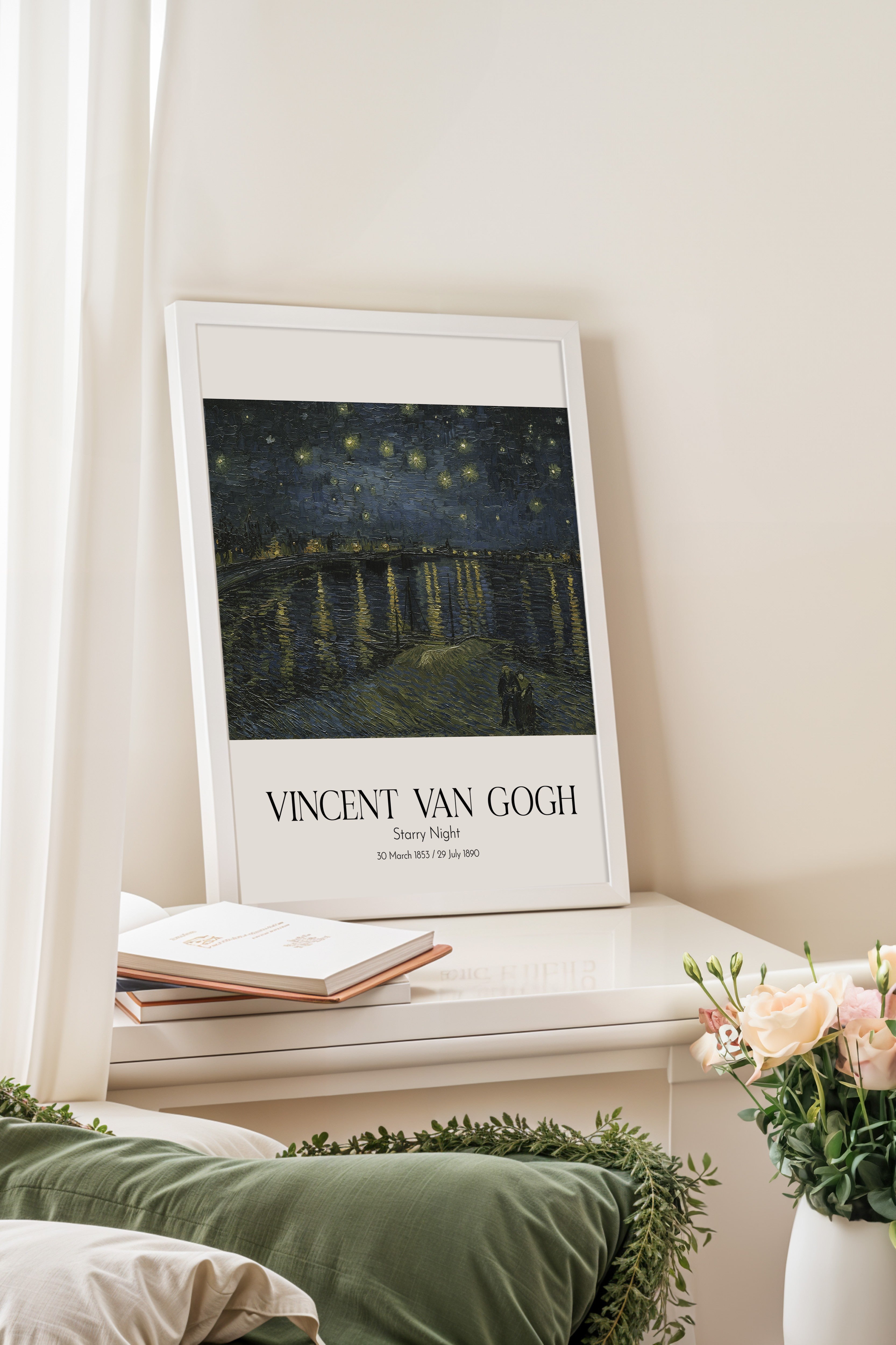Vincent Van Gogh - Starry Night, Beyaz Çerçeveli Tablo, Sanat Serisi NO:110617