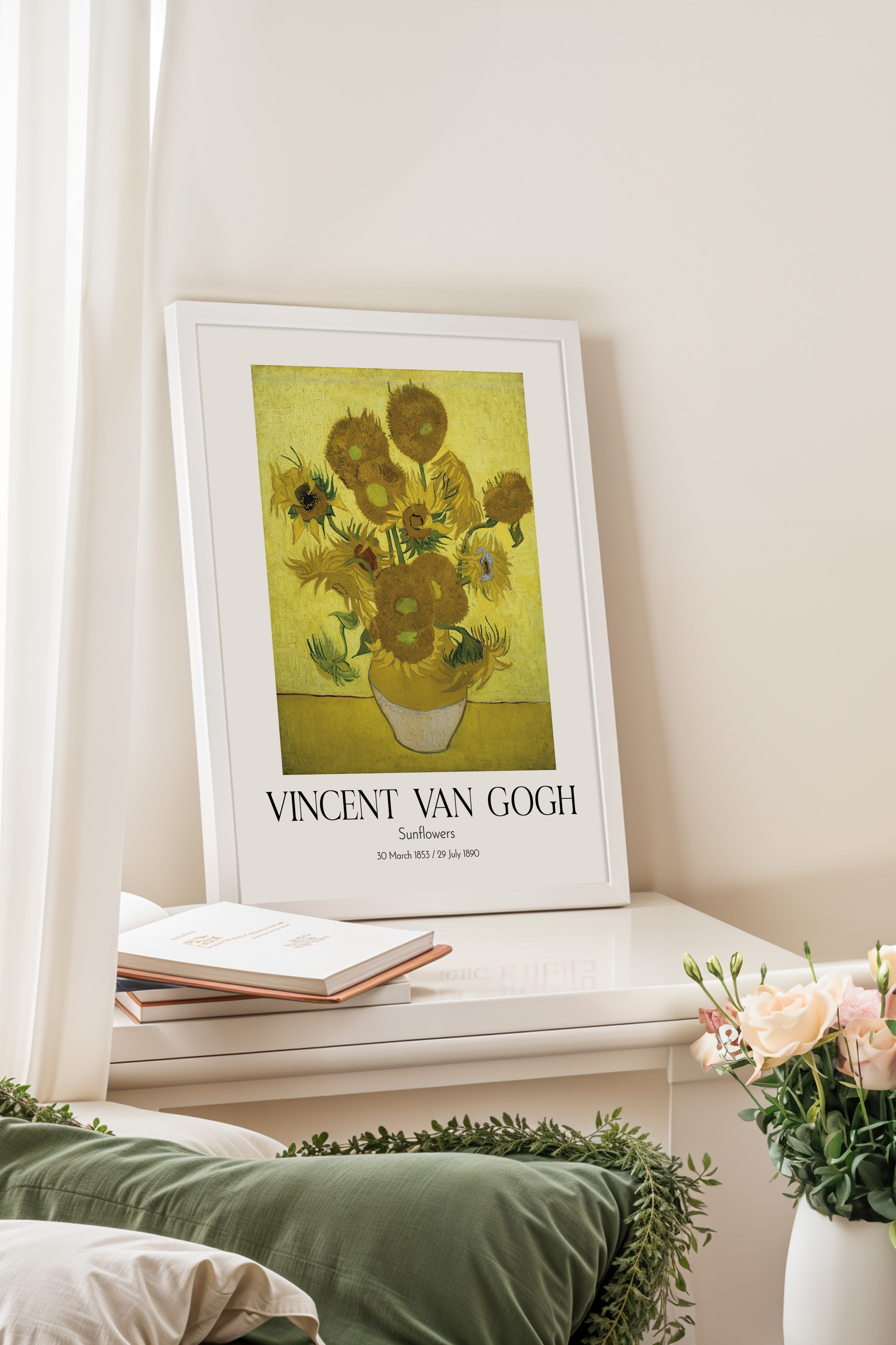 Vincent Van Gogh - Sunflowers, Beyaz Çerçeveli Tablo, Sanat Serisi NO:110619