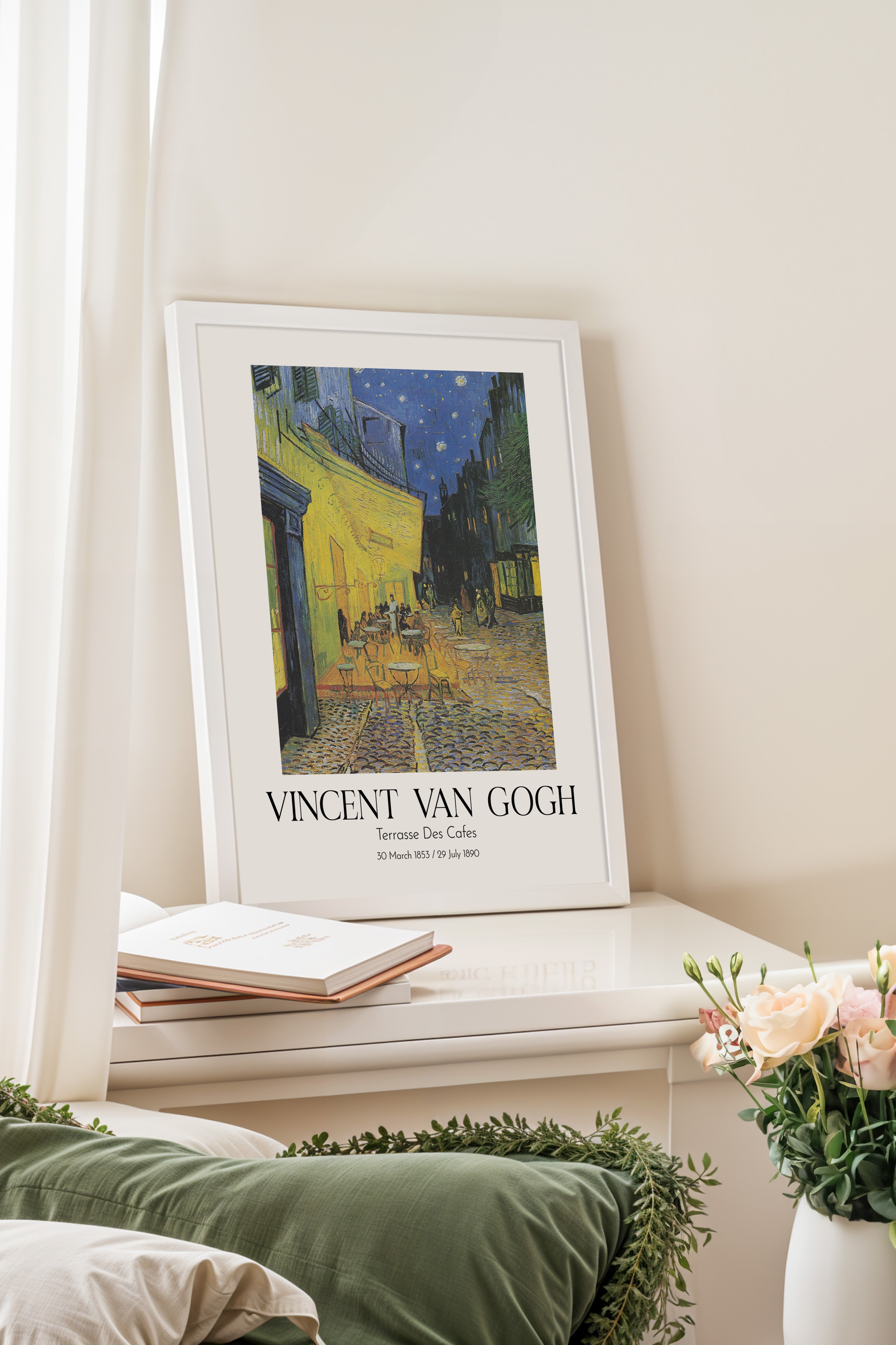 Vincent Van Gogh - Terrasse Des Cafes, Beyaz Çerçeveli Tablo, Sanat Serisi NO:110607