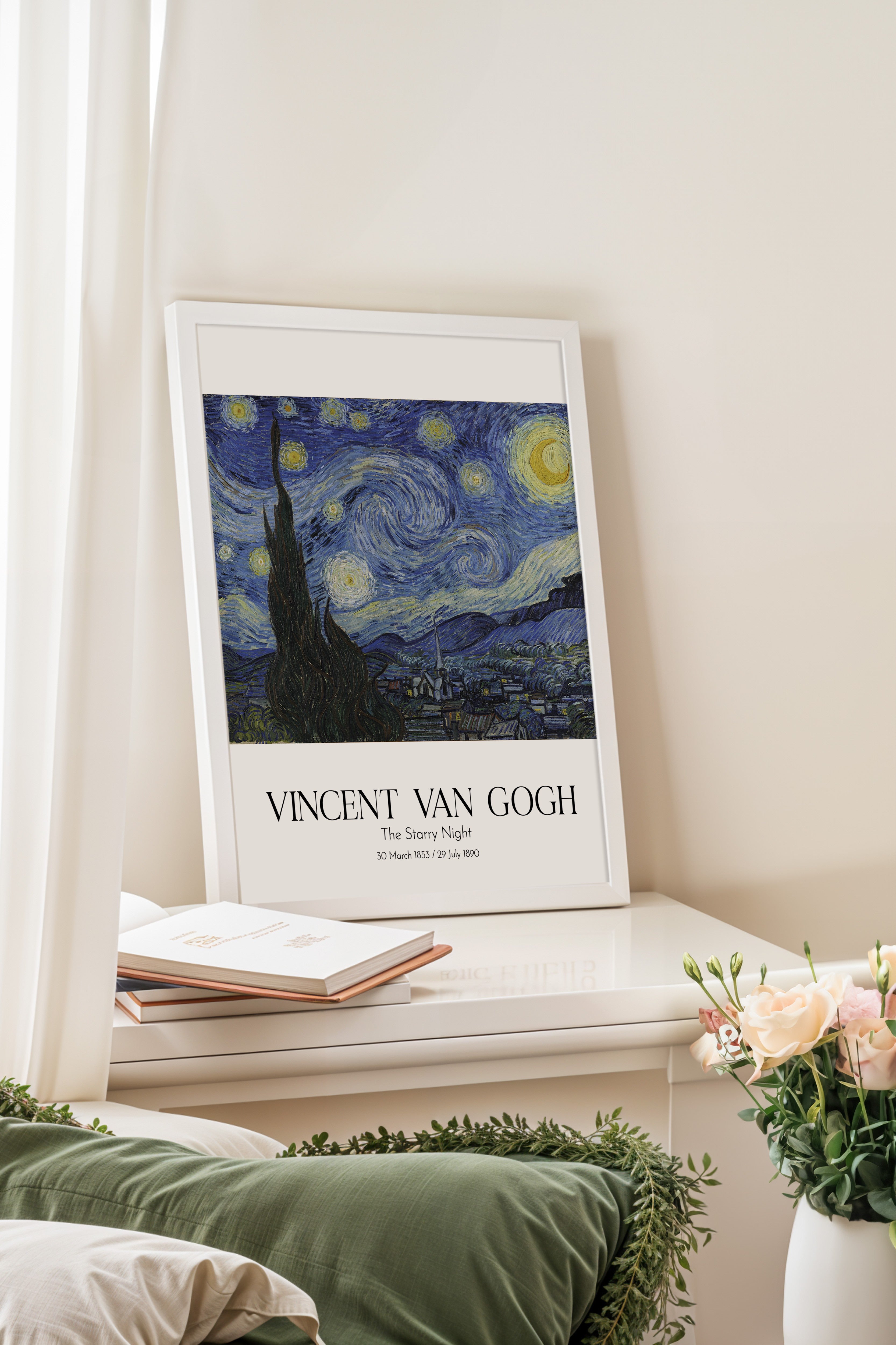 Vincent Van Gogh - The Starry Night, Beyaz Çerçeveli Tablo, Sanat Serisi NO:110626