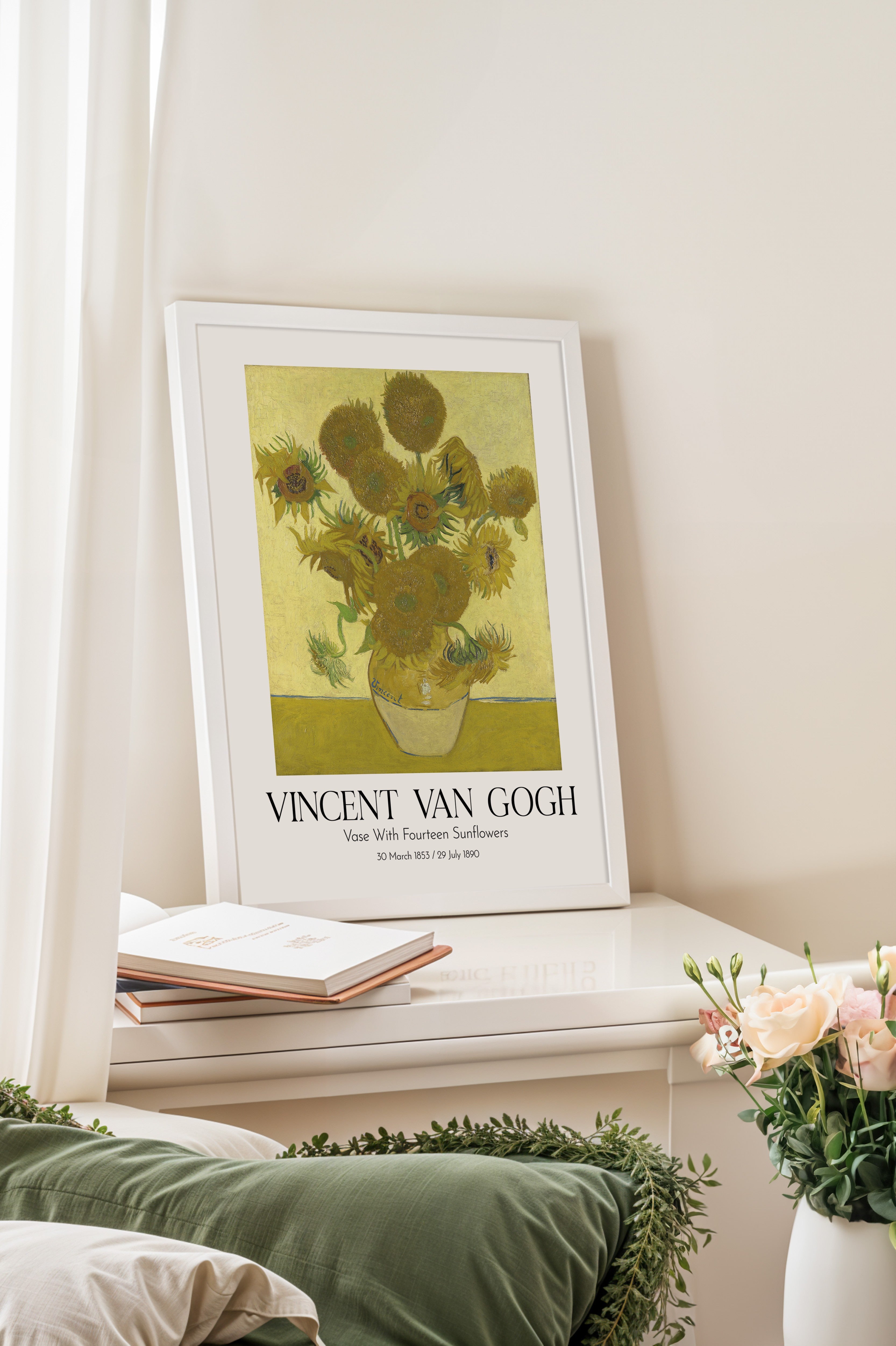 Vincent Van Gogh - Vase With Fourteen Sunflowers, Beyaz Çerçeveli Tablo, Sanat Serisi NO:110610