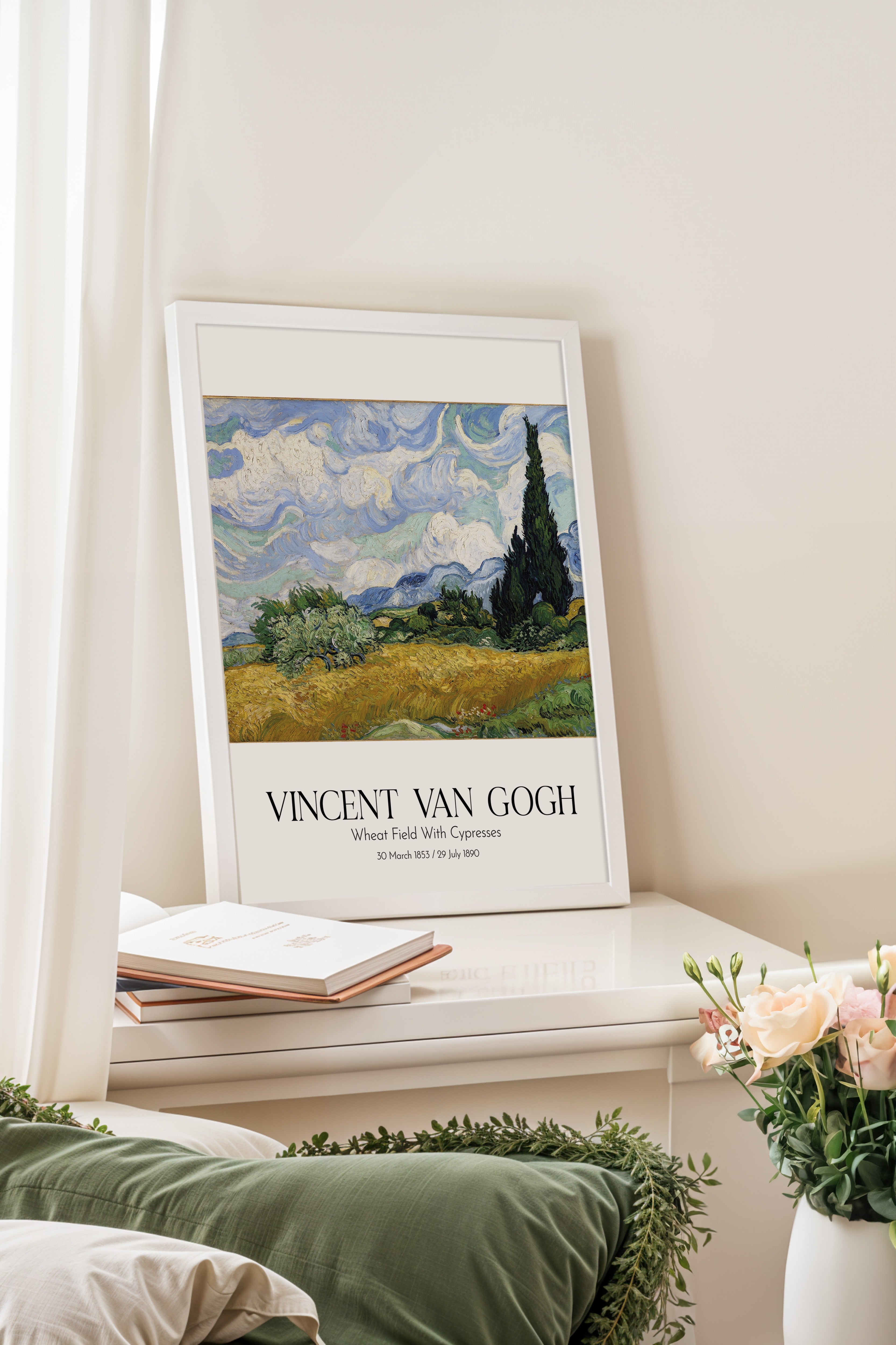 Vincent Van Gogh - Wheat Field With Cypresses, Beyaz Çerçeveli Tablo, Sanat Serisi NO:110601