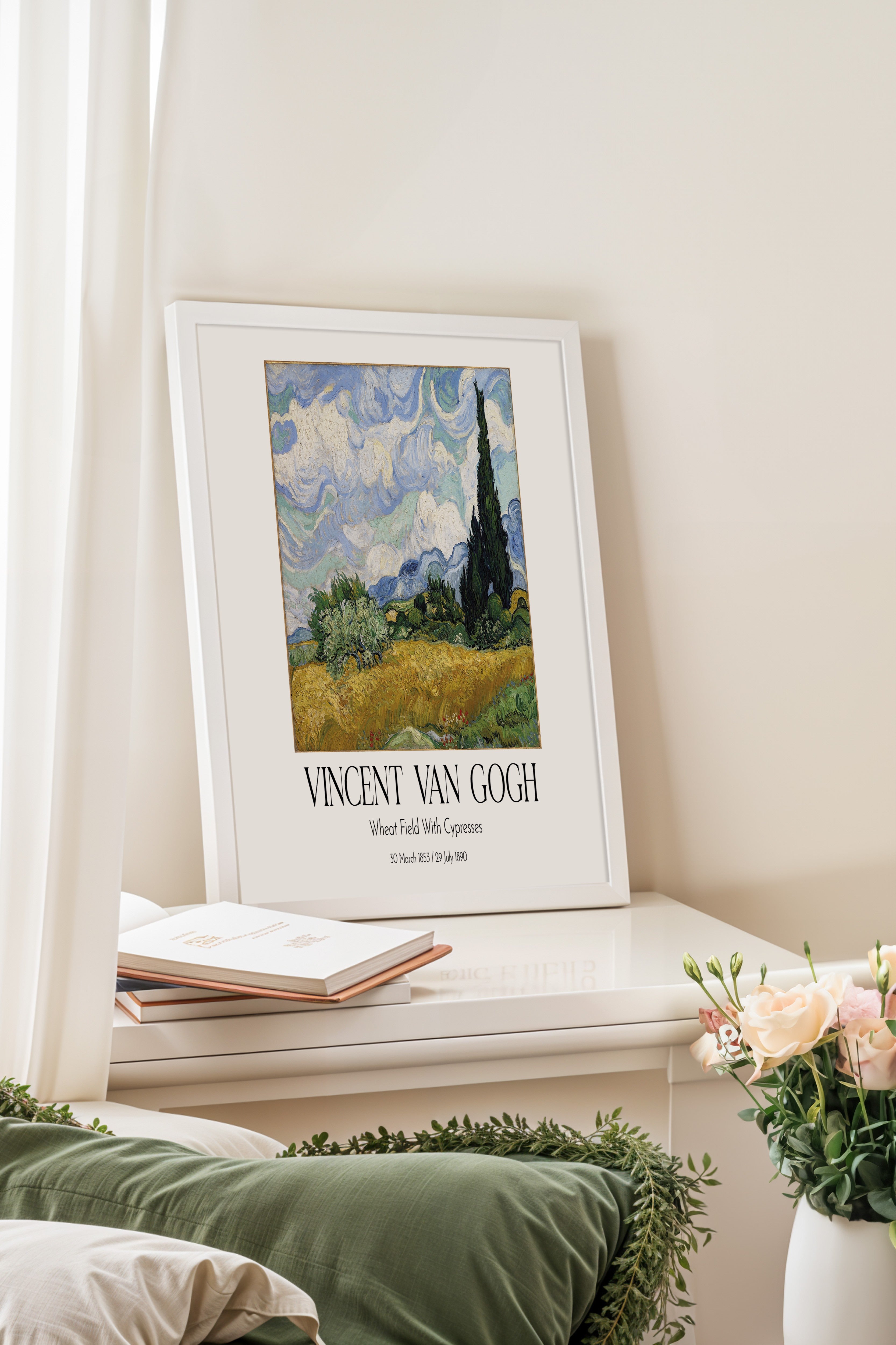 Vincent Van Gogh - Wheat Field With Cypresses, Beyaz Çerçeveli Tablo, Sanat Serisi NO:110633