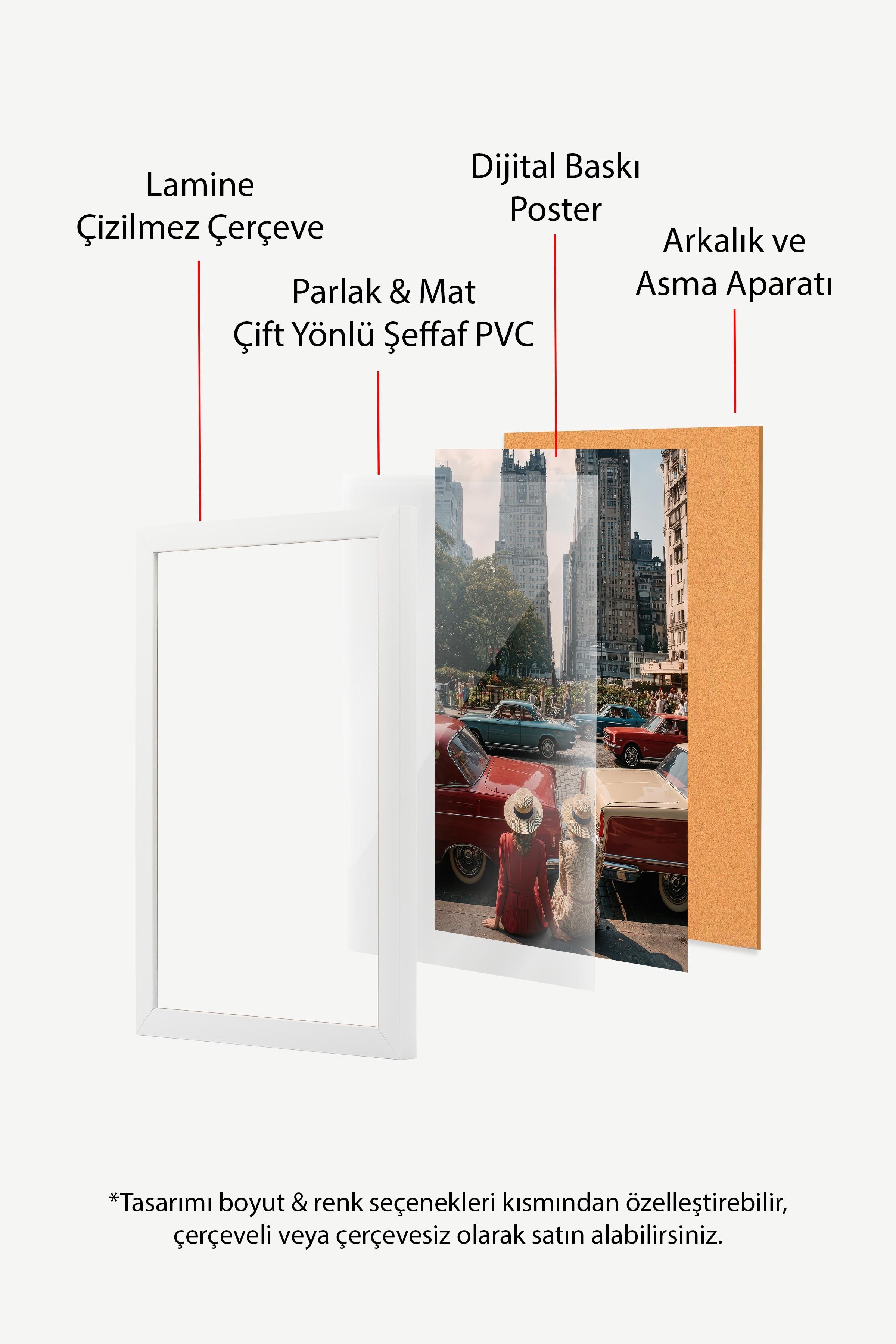 Vintage Arabalar ve Şehir Manzarası Posteri, Beyaz Çerçeveli Poster, Old Money Serisi, NO:113150