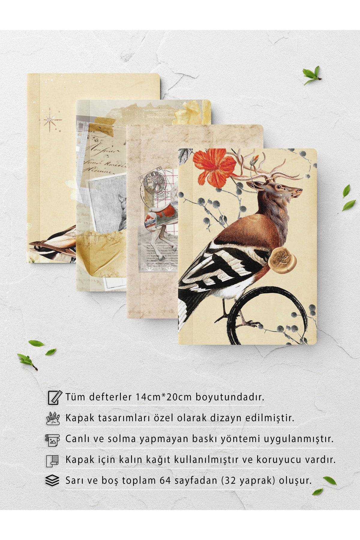 Vintage Defter Seti - 4 Adet Not Defteri - Notebook, Journal Defteri - 14cm*20cm
