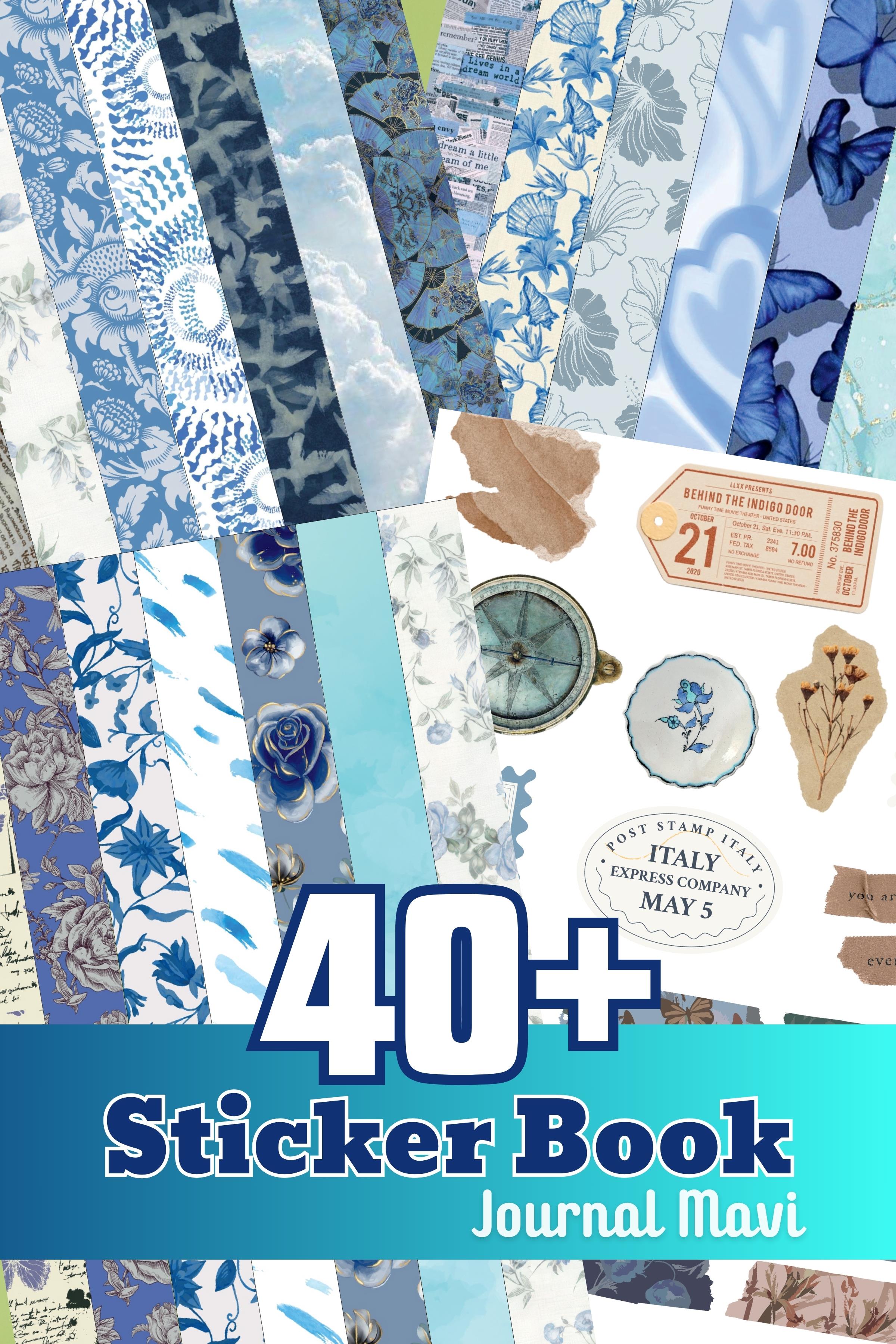 Vintage Etiket Seti, 40 Adet Mavi Etiket, Sticker Book, Sticker Defteri, Bullet Journal, Günlük