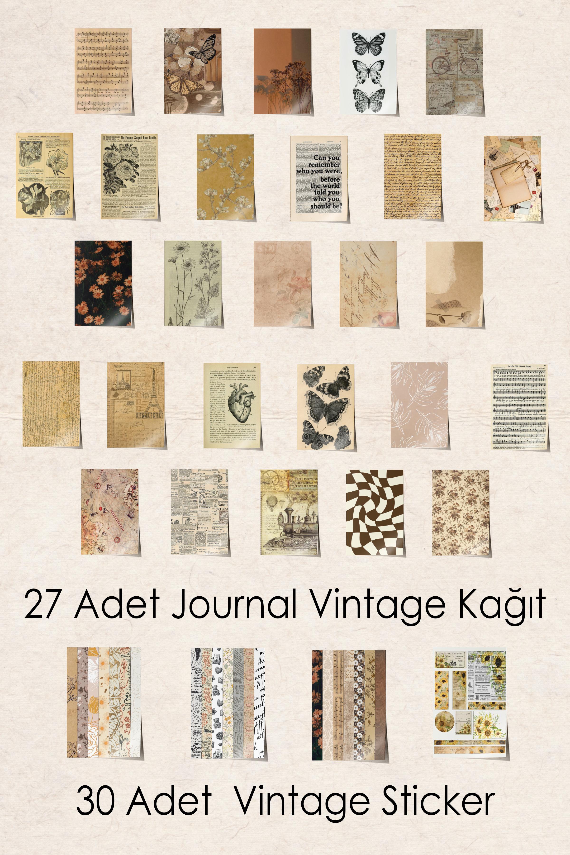 Vintage Journal Defter Seti, Vintage Notebook Seti Soft, 27 Vintage Kağıt, 30 Adet Vintage Sticker