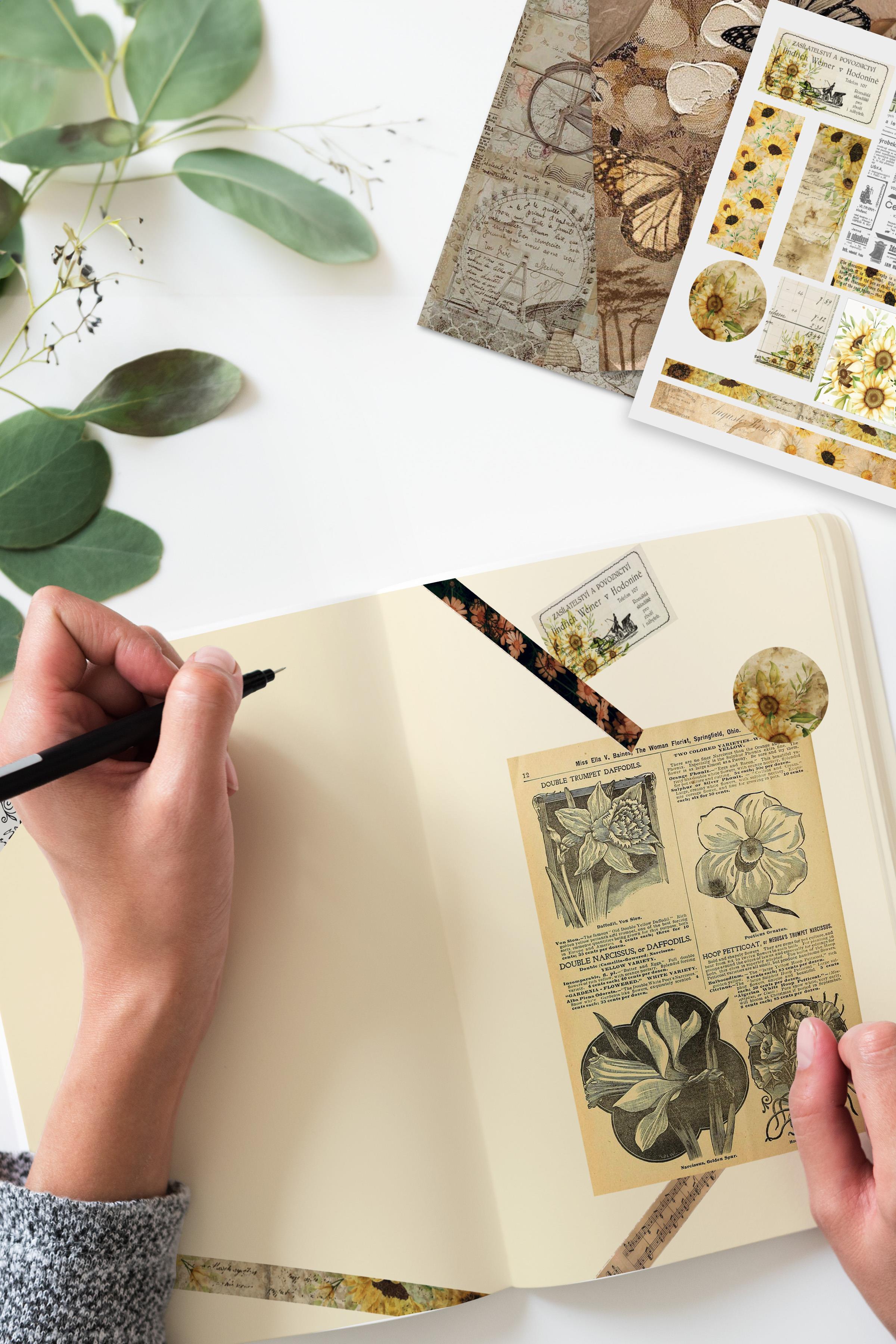 Vintage Journal Defter Seti, Vintage Notebook Seti Soft, 27 Vintage Kağıt, 30 Adet Vintage Sticker