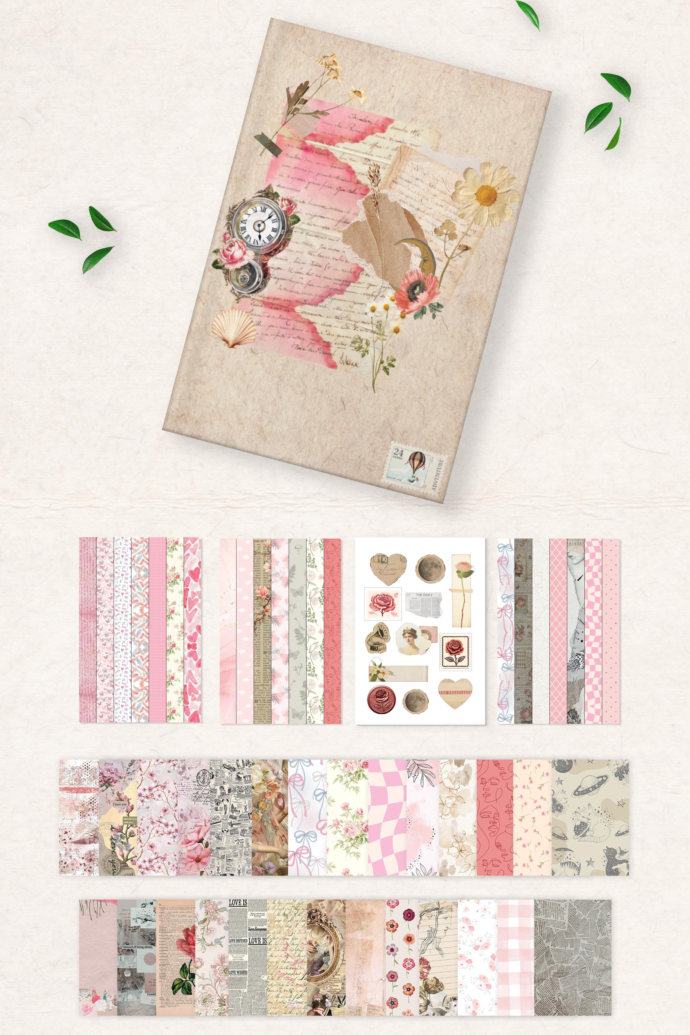 Vintage Journal Defter Seti, Vintage Notebook Pembe, 27 Vintage Kağıt, 30 Adet Vintage Sticker