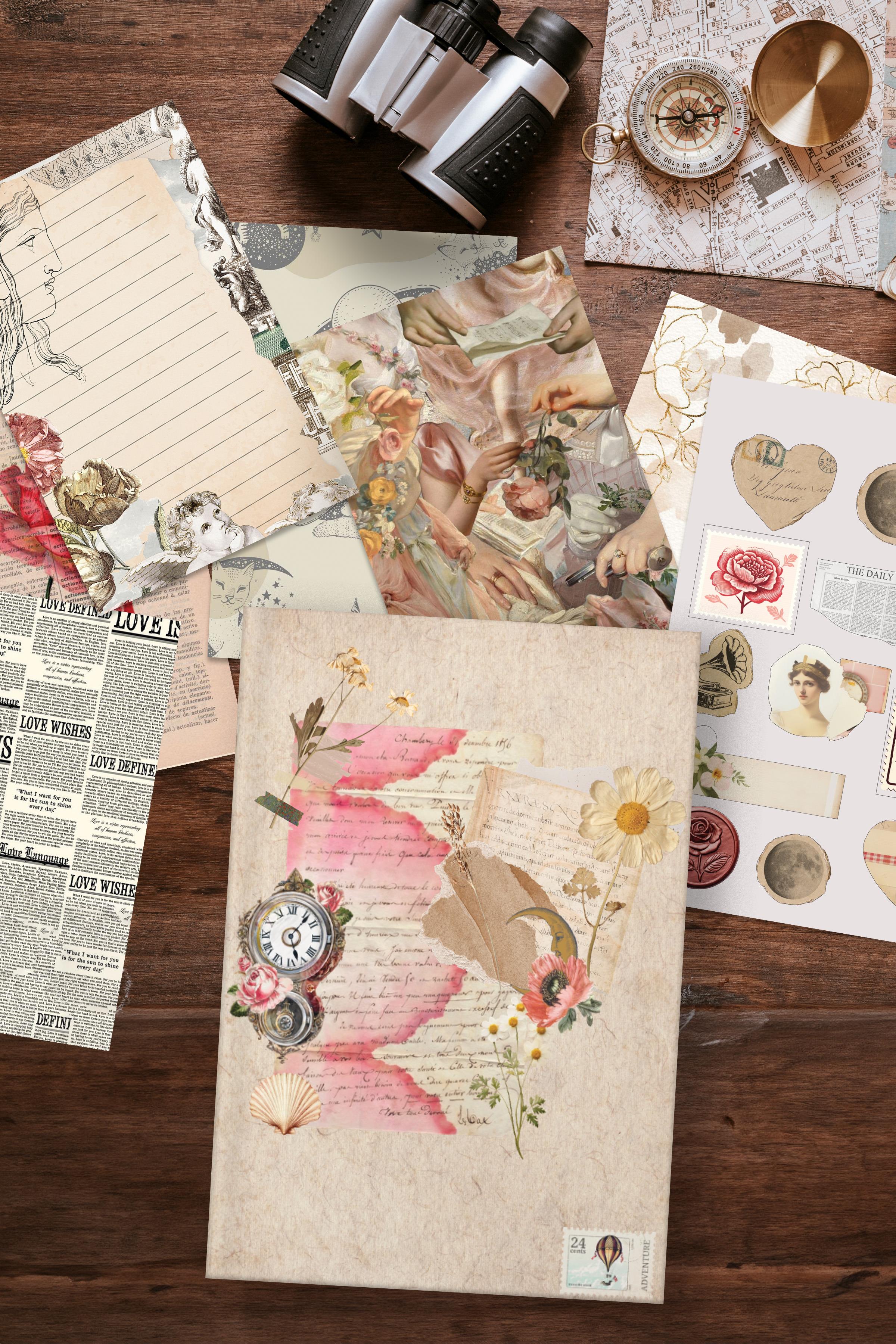 Vintage Journal Defter Seti, Vintage Notebook Pembe, 27 Vintage Kağıt, 30 Adet Vintage Sticker