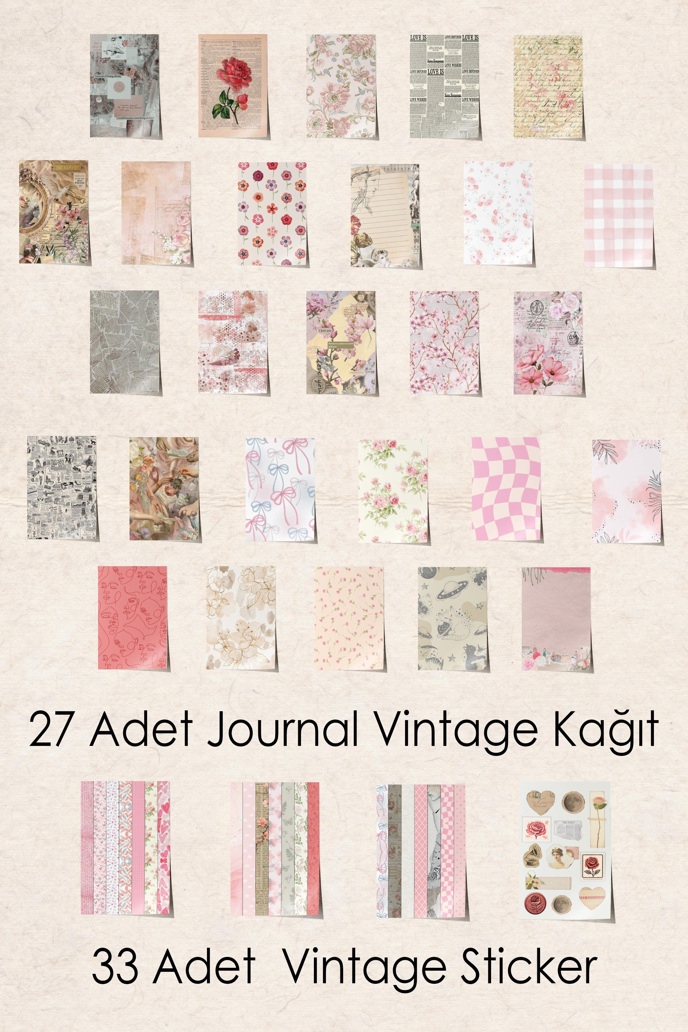 Vintage Journal Defter Seti, Vintage Notebook Pembe, 27 Vintage Kağıt, 30 Adet Vintage Sticker