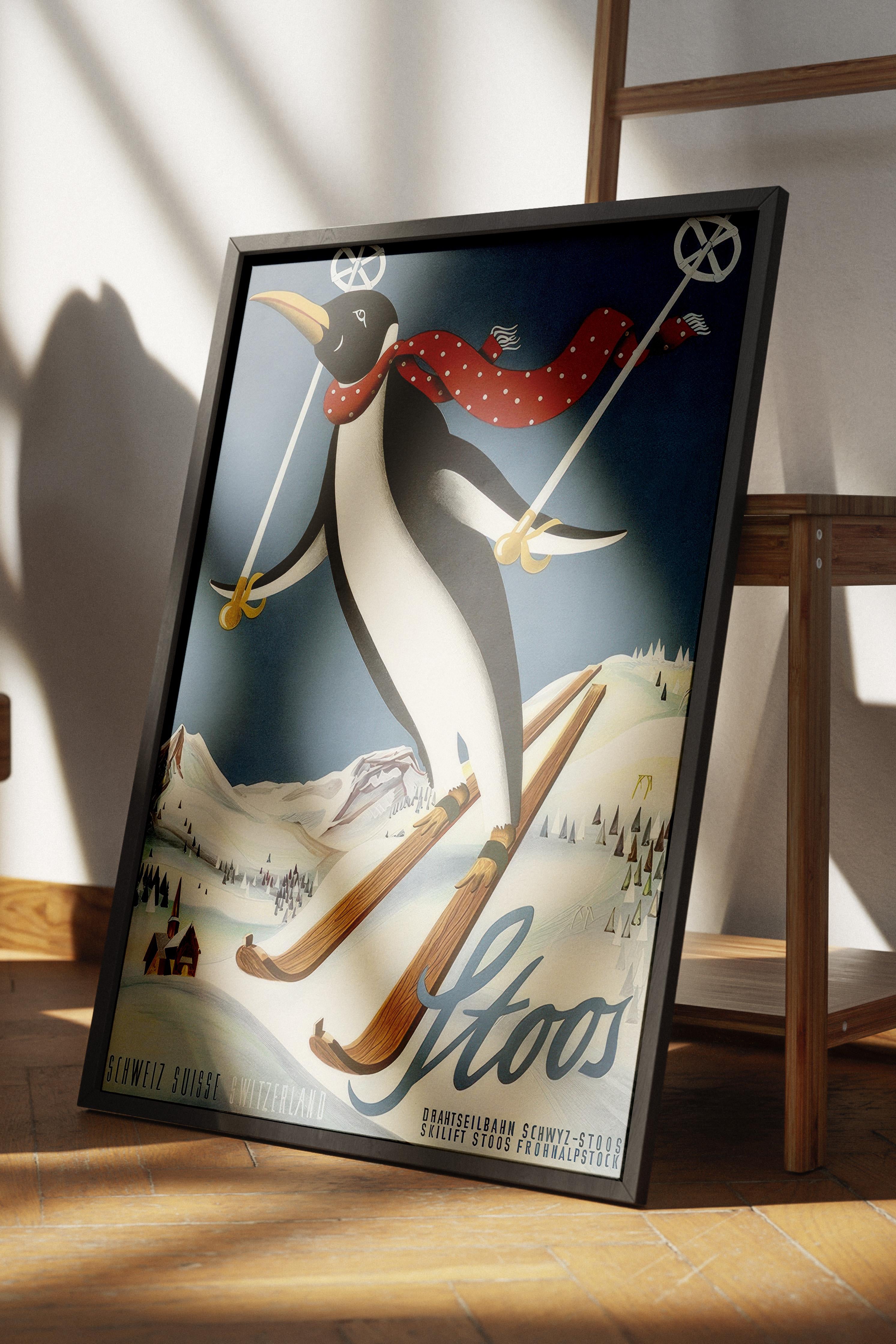 Vintage Stoos Penguin Siyah Çerçeveli Tablo, Duvar Tablosu Comfort Serisi NO:108553