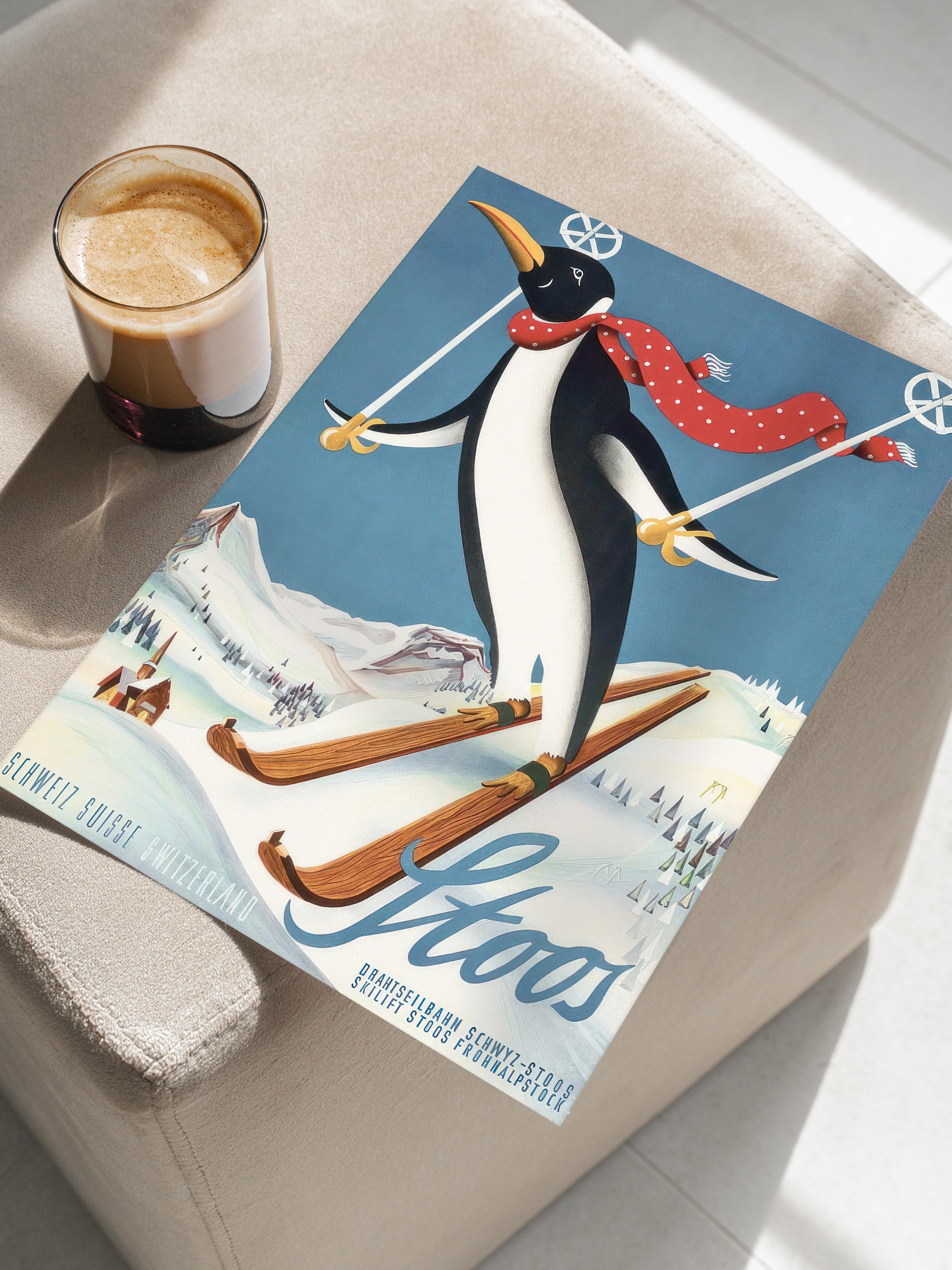 Vintage Stoos Penguin Poster, Dikey Duvar Tablosu Comfort Serisi NO:108553